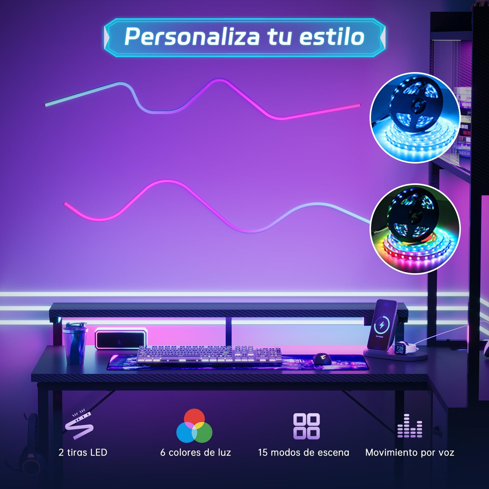 Devoko Escritorio gaming en forma de L con luces LED, 115 x 90 cm, escritorio para PC con enchufe de alimentación, 3 cajones, panel de rejilla, escritorio de E-Sports gaming, oficina, dormitorio