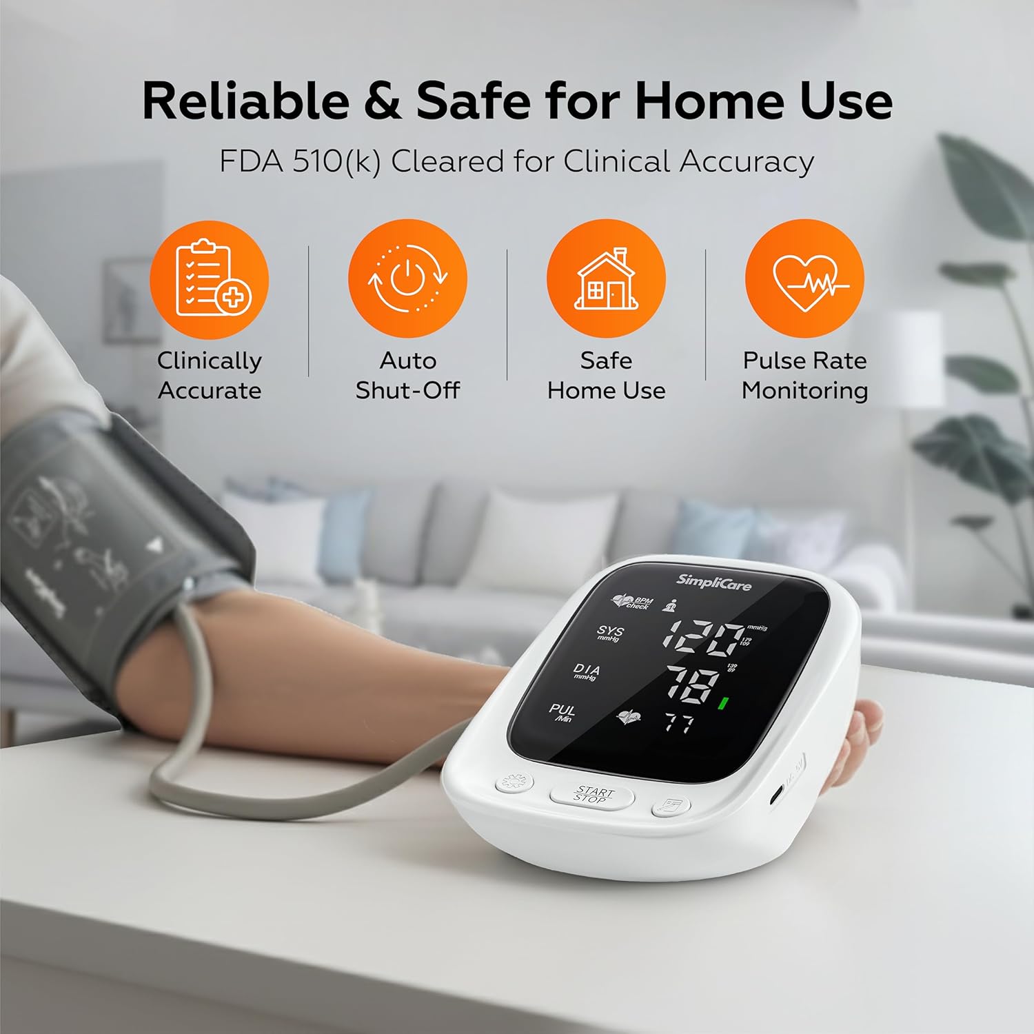 Upper Arm Blood Pressure Monitor for Home Use, FDA 510(k) Cleared Class II Medical Device, Wide-Range Cuff 22–42 cm, Large 5.1" LED Display, Dual User, USB-C & Battery (AES-U181)