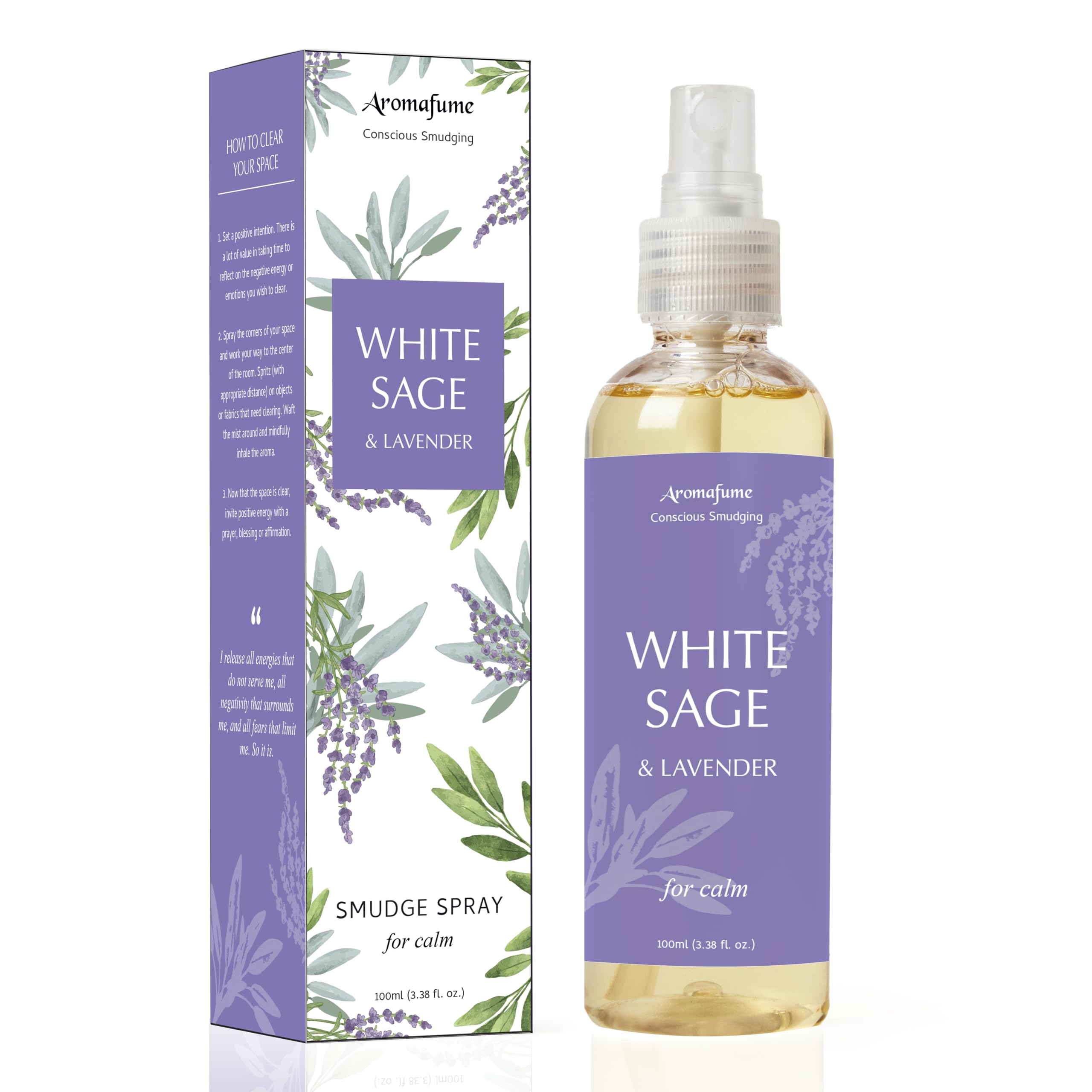 White Sage & Lavender Smudge Spray by Aromafume | 100ml/3.3 oz | Sage Spray for Cleansing Negative Energy & Protection | Non-Toxic | Room Spray for