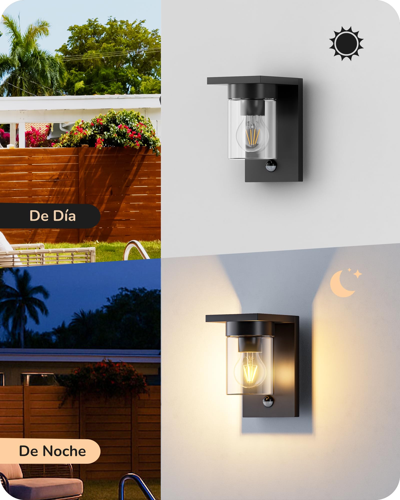 EDISHINE Aplique Exterior, Sensor Movimiento, Cristal Transparente, Negro | Casquillo E27, Impermeable IP44, Carcasa de Aluminio, Sin Bombilla, ideal para Puerta de Entrada y Fachada