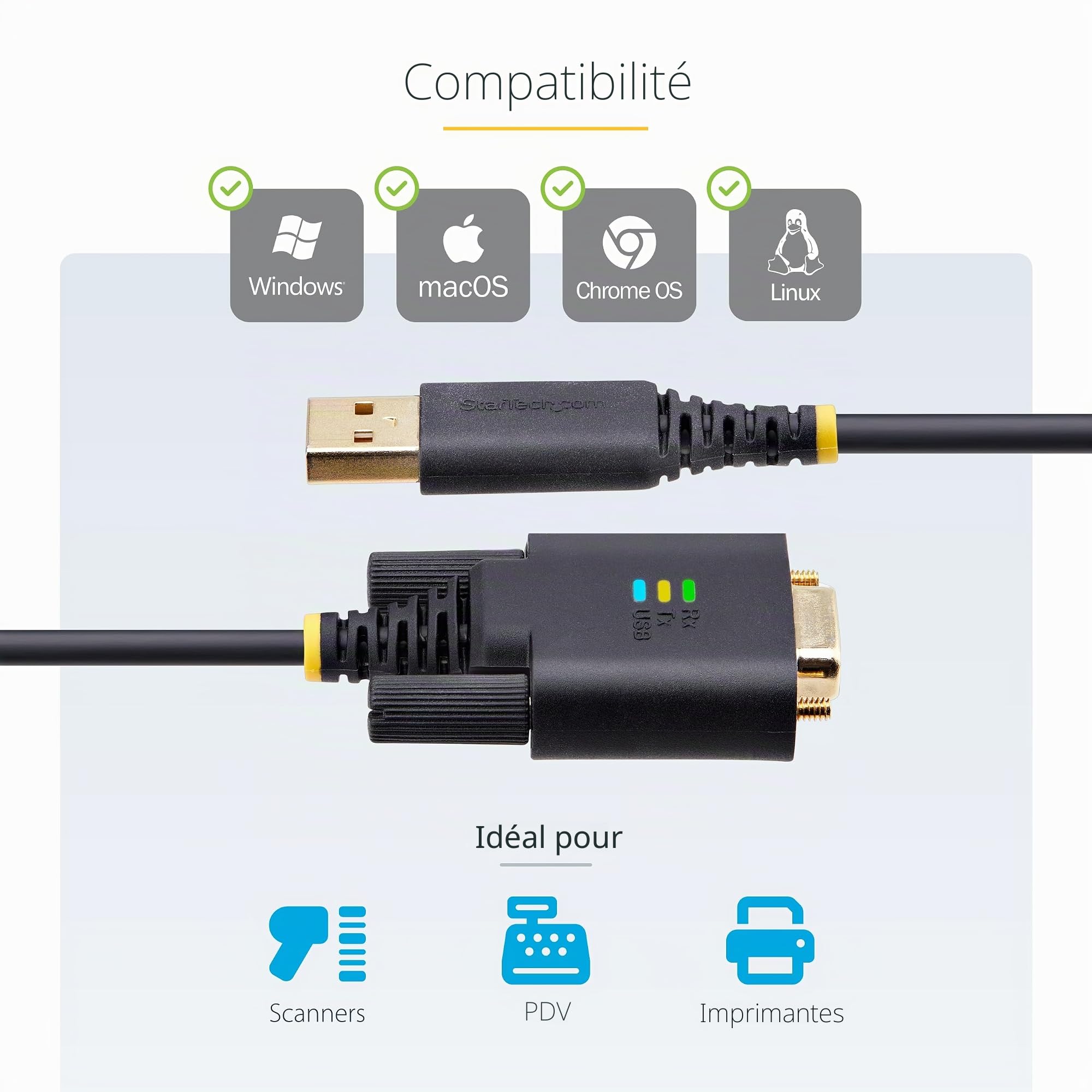 StarTech Câble USB vers Série 2m, FTDI, DB9 RS232 (1P6FFC-USB-SERIAL) | Adaptateur USB-A, Retention COM, Voyants LED, Ecrous a vis DB9 interchangeables