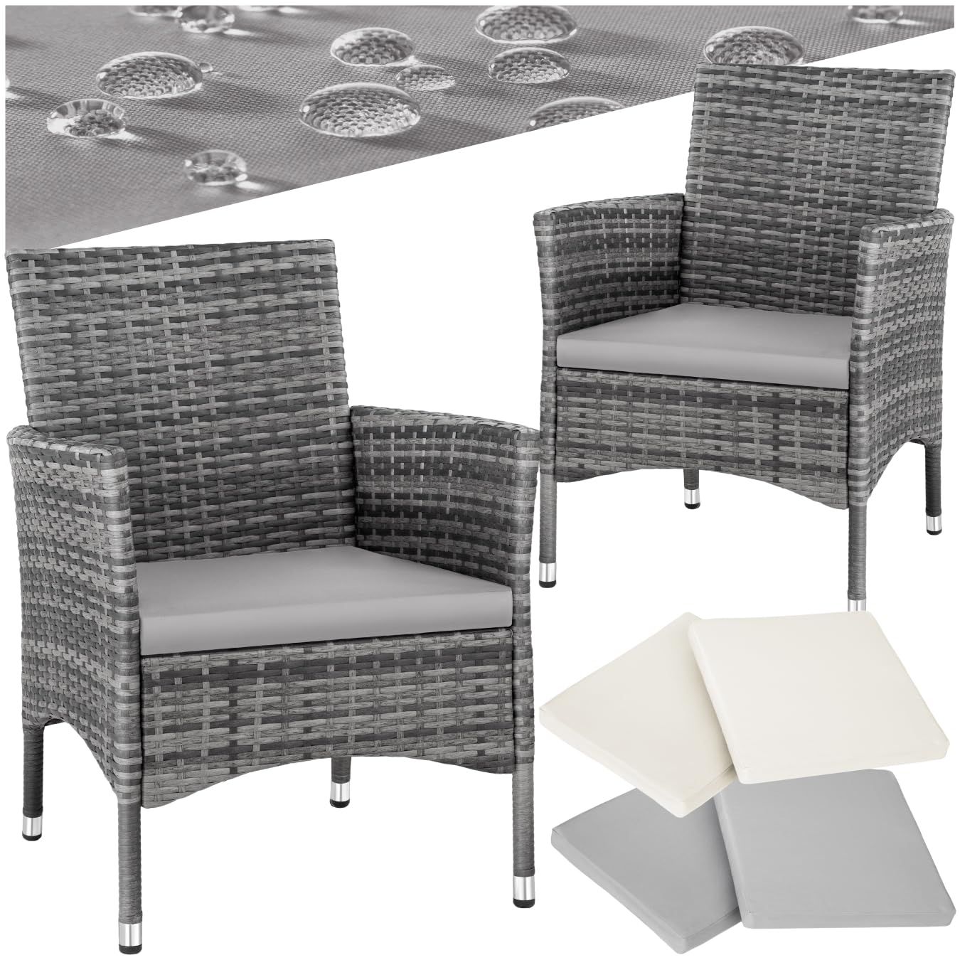 tectakeยฎ Set of 2 Rattan Garden Chairs with UV-Resistant Polyrattan, Steel Frame & Outdoor Cushions, Incl. Water-Repellent Removable Covers in 2 Colours, For Garden, Patio & Balcony - Grey/Light Grey