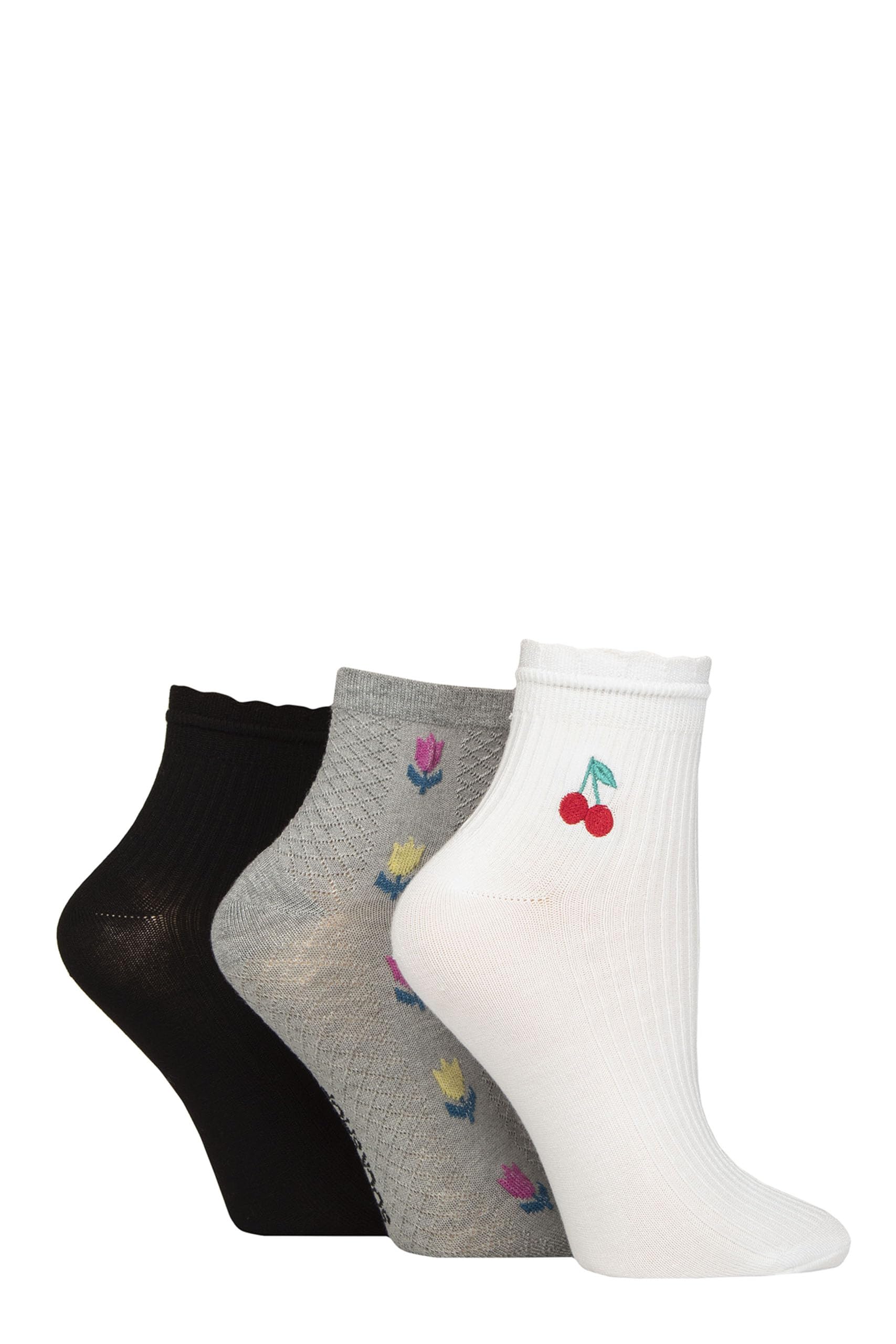 ELLE Ladies Bamboo Anklet Socks - With Frill Welt Cuff, Embroidered Motifs, Textured Weaves,Ribbed in Soft Breathable Cooling Material Multipack of 3 Pairs Size 4-8 Cherry Flower