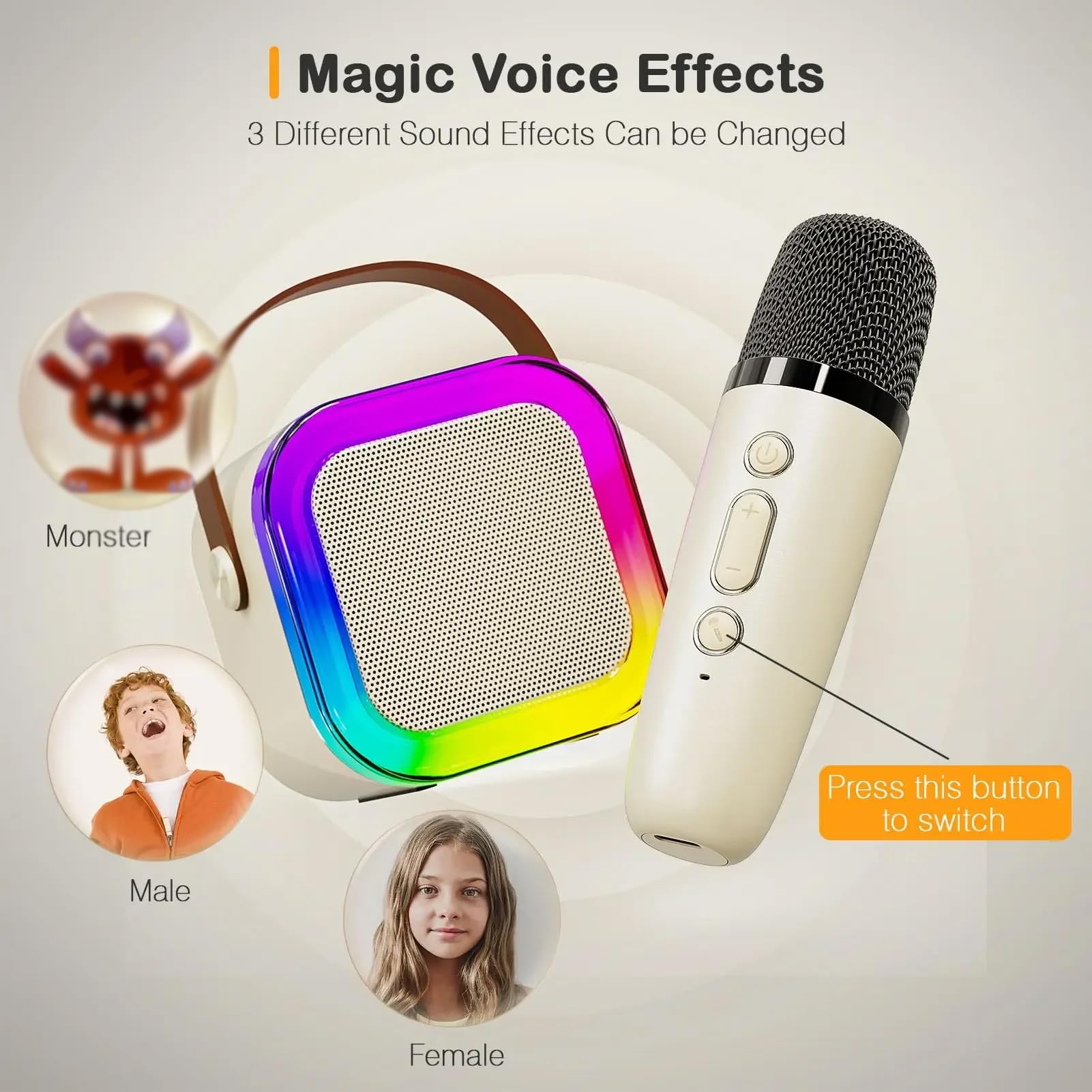 Mini urządzenie do karaoke, przenośny głośnik do karaoke Bluetooth z nastrojowym oświetleniem RGB i 2 mikrofonami, obsługuje 4 zmiany efektów dźwiękowych (White)