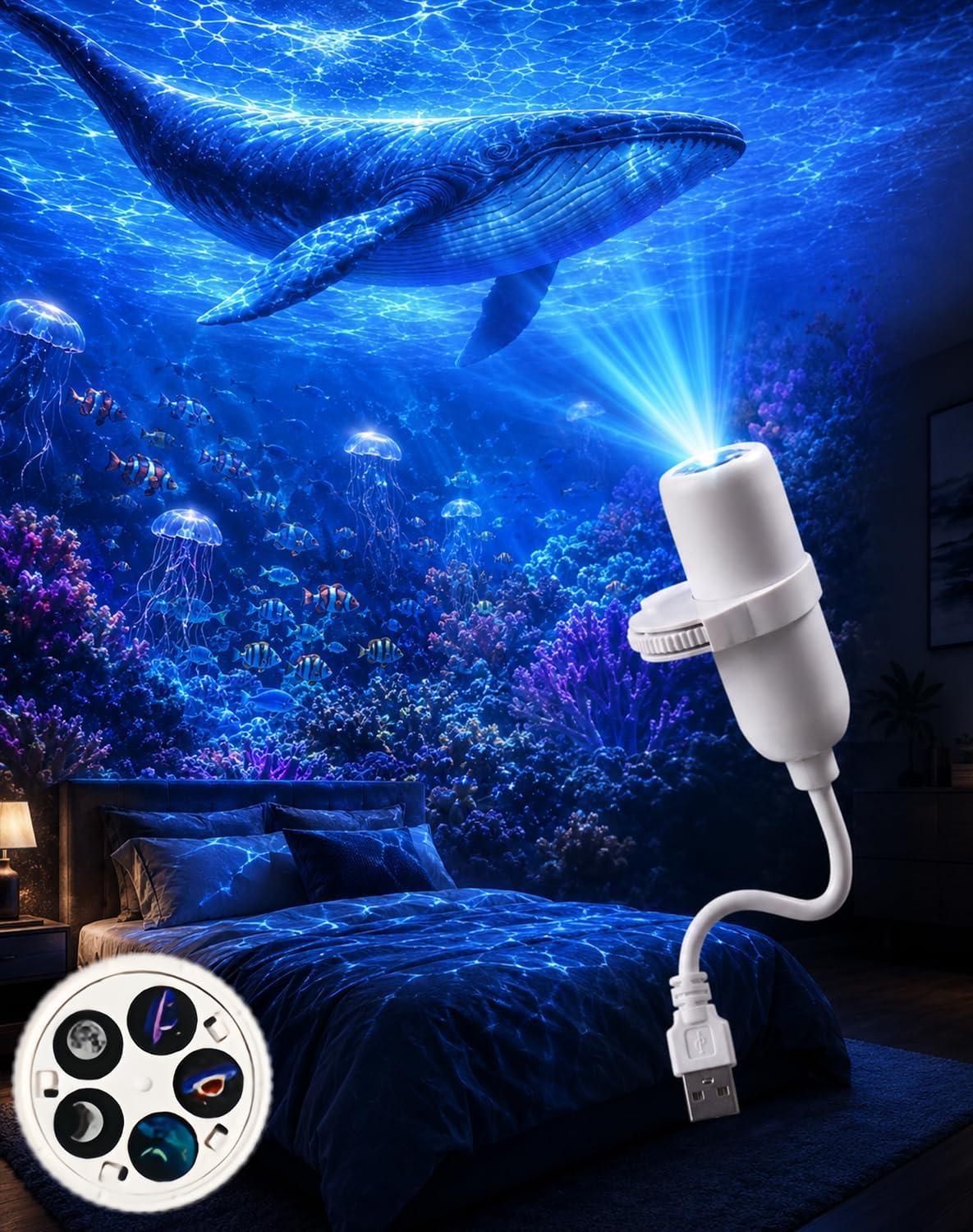 HD Smart Dynamic 5D Holographic Night Light Projector, Plug and Play HD Star Galaxy 5 in 1 HD Smart Dynamic Ceiling Projector, 360° Flexible Adjustable, USB Light for Sleep Mood Lighting (5 Films)