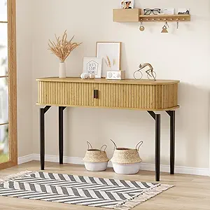 GarveeHome Fluted Console Table with Storage,Wood Sofa Table with Sliding Door,Entryway Table with Storage Space for Living Room,Couch,Hallway,Foyer,Oak