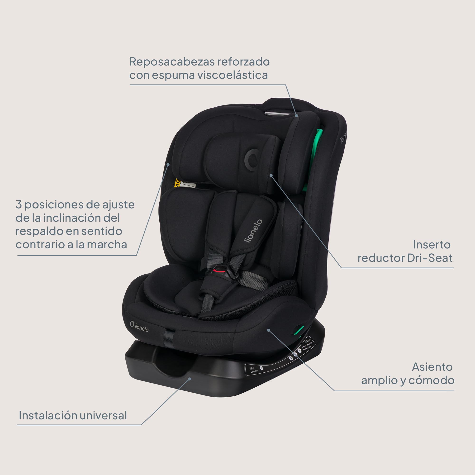 Lionelo Aart i-Size Silla De Coche, Grupo 0/1/2/3, 40-150 cm, 0-12 Años, Instalación Universal Con Cinturón, Reposacabezas Memory Foam Ajustable, a Contramarcha y a Favor de la Marcha, Funda Extraíble