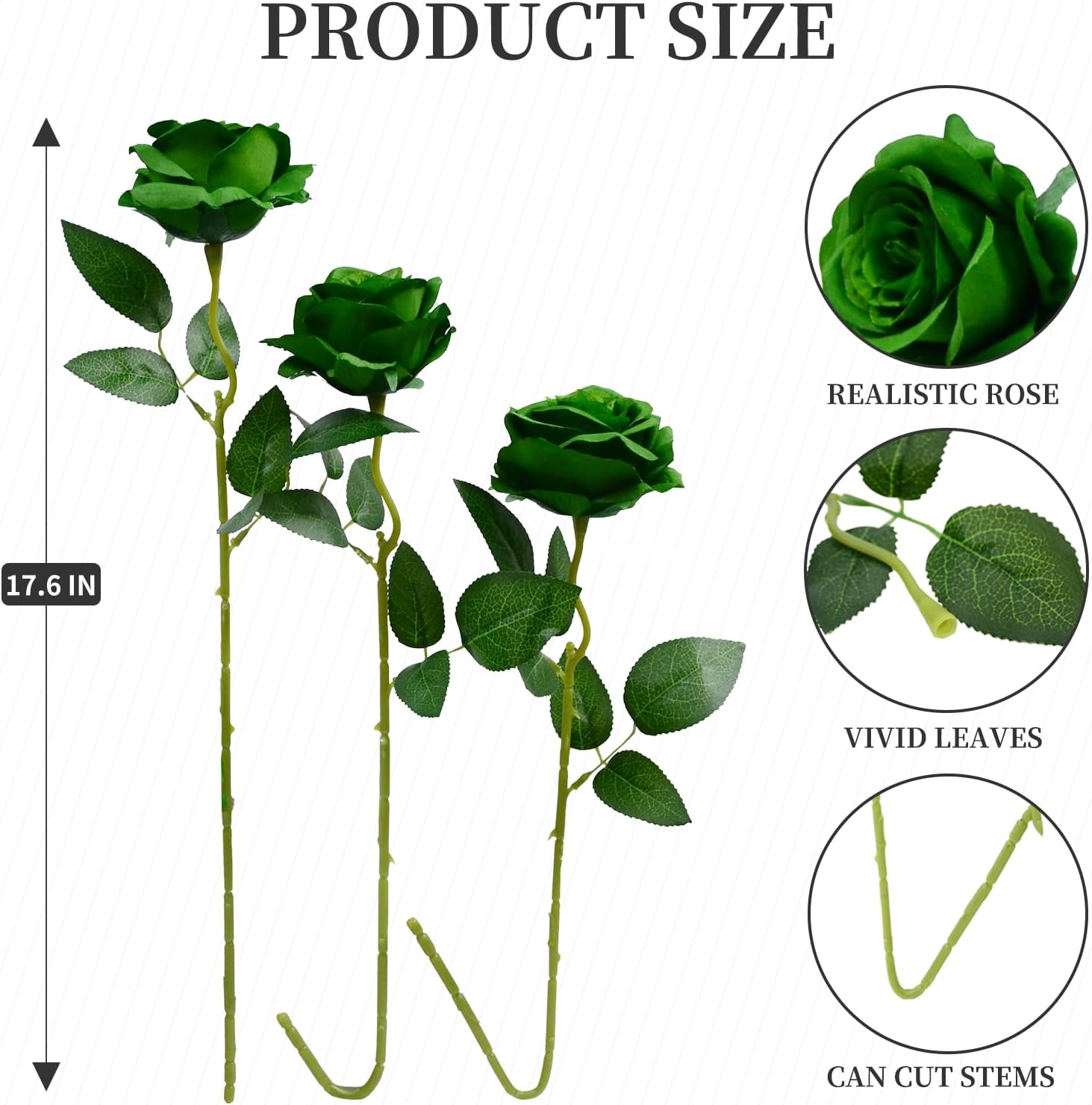 12pcs Rose Artificial Flowers, Fake Rose Silk Flower Bouquet, Faux Roses with Stems - 50cm, Roses Decor for Wedding & Home Decoration (Dark Green) - Image 2