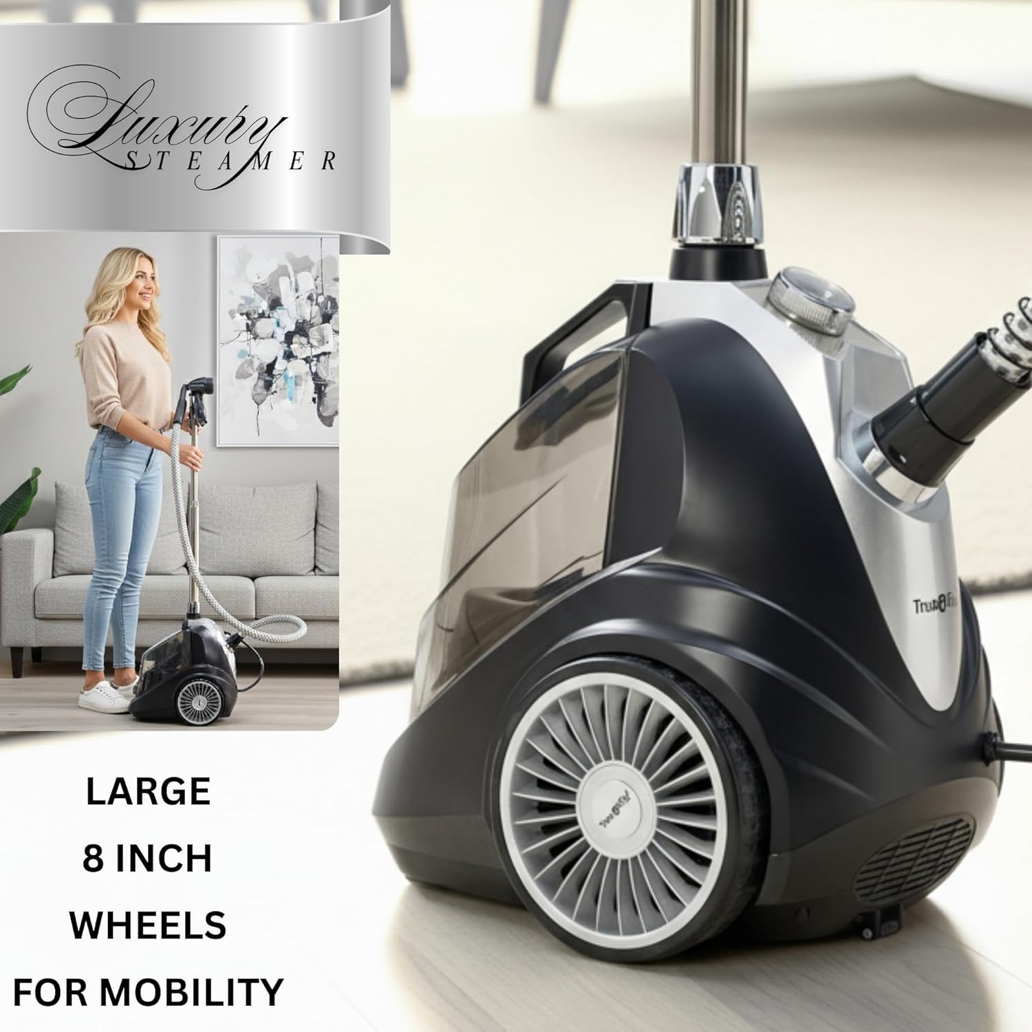 True & Tidy Luxury Upright Commercial Garment Steamer, Smart Auto Shut-Off Technology, 10 Steam Settings w/Wheels, 1800W Powerful Standing Clothes Steamer Fast Wrinkle Removal for Home & Business Use