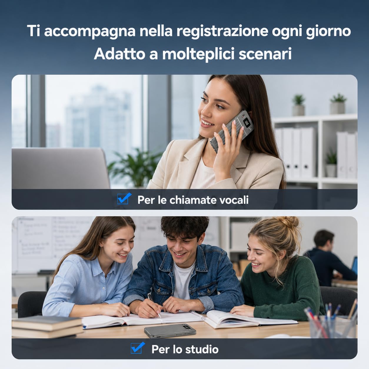 Volovivo Registratore vocale smart AI con schermo, 64 GB, 256 lingue | Registratore AI con trascrizione live, sintesi, traduzione e memoria da 64 GB