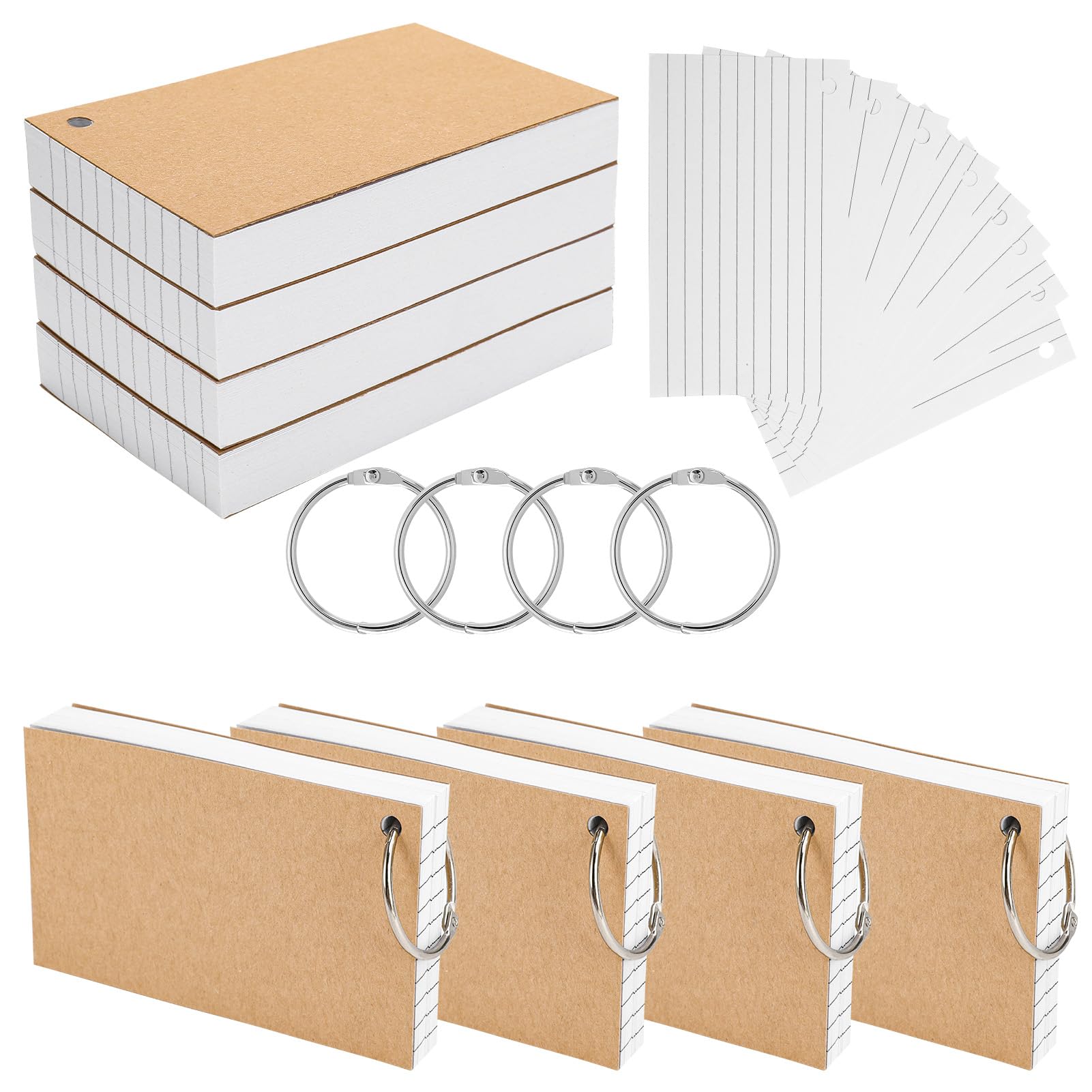 Candcamp Flash Cards,400 PCS Revision Cards White Ruled Cue Cards with Binder Ring Blank Flashcards Presentation Cards for Office School Study Exam
