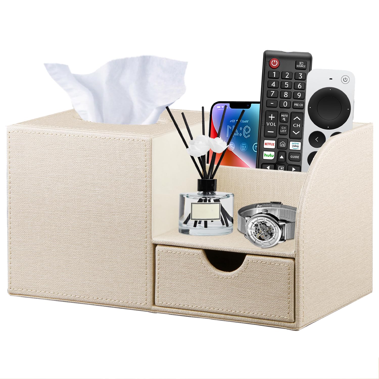 Nightstand Organizer with Tissue Holder,PU Leather Square Tissue Box Cover,Modern Facial Paper Organizer Storage Box for Remote Control,Bathroom,Vanity Countertop,End Table Home Office.Beige