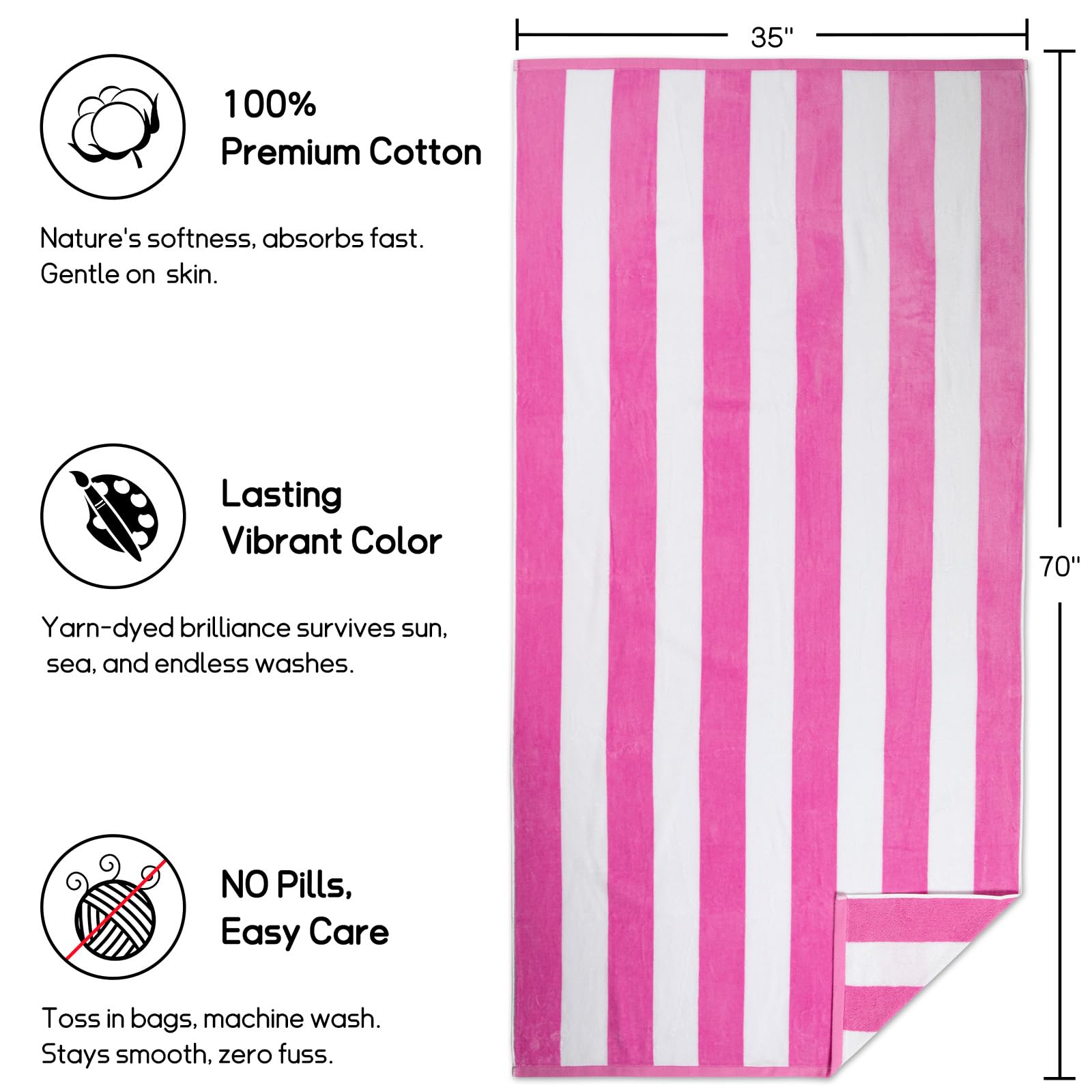 Ouxiaobai Cotton Oversized Beach Towel - 180 x 90 CM Large Size Pool Towel, Striped Soft Cabana Swim Towel (Pink) - Image 3