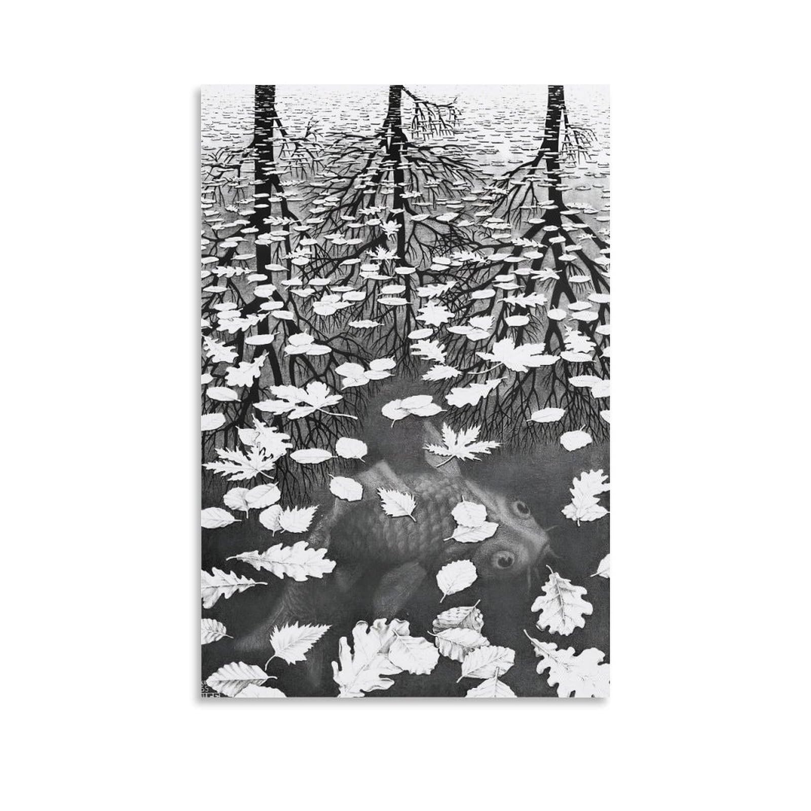 M.C. Escher Three Worlds Wall Art Poster (2) Wall Art Poster Scroll Canvas Painting Picture Living Room Decor Home 08x12inch(20x30cm)