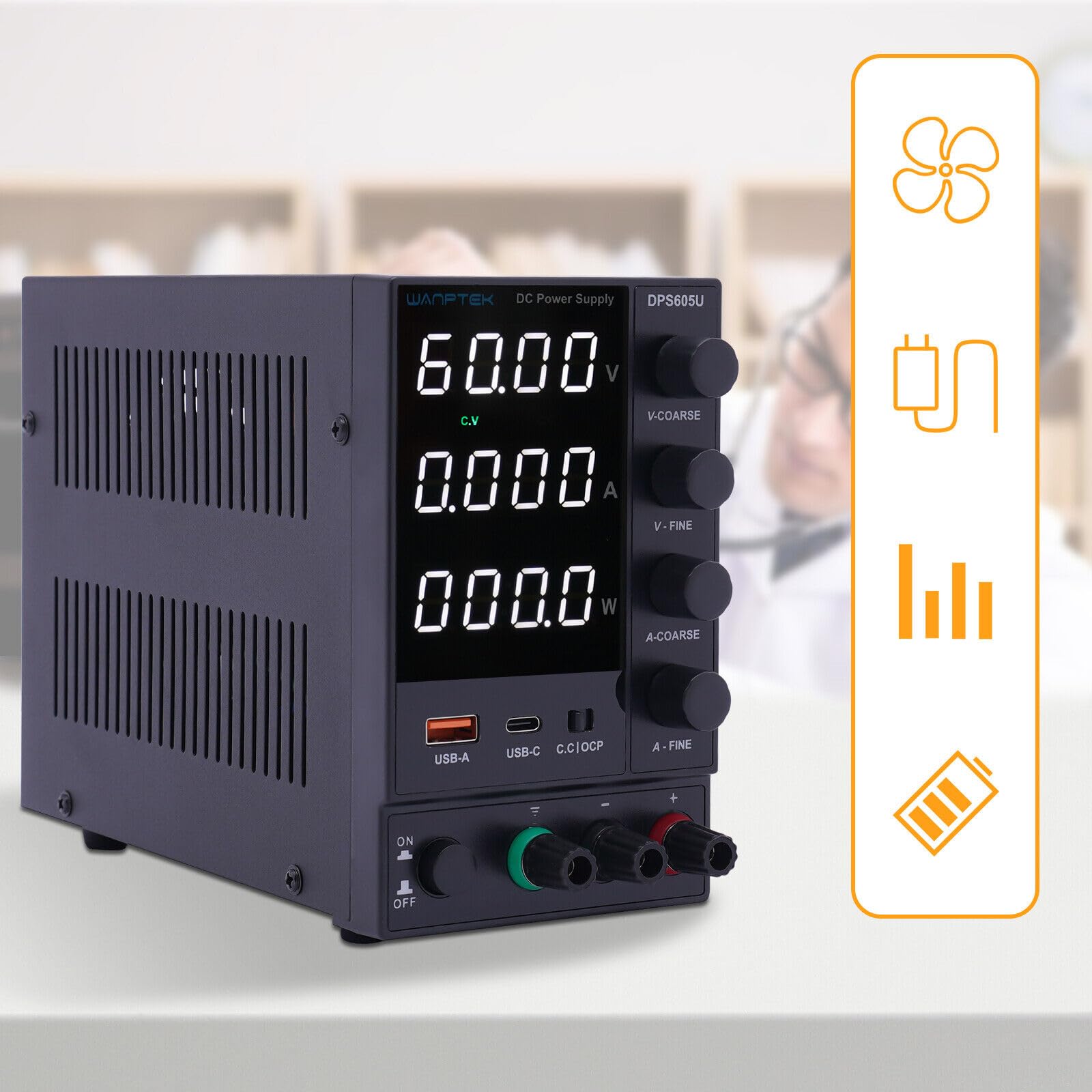 Zasilanie laboratoryjne, zasilacz impulsowy 4-cyfrowy 0-30 V/60 V 0-5 A/10 A DC laboratoryjny zasilacz regulowany USB (DPS605U)