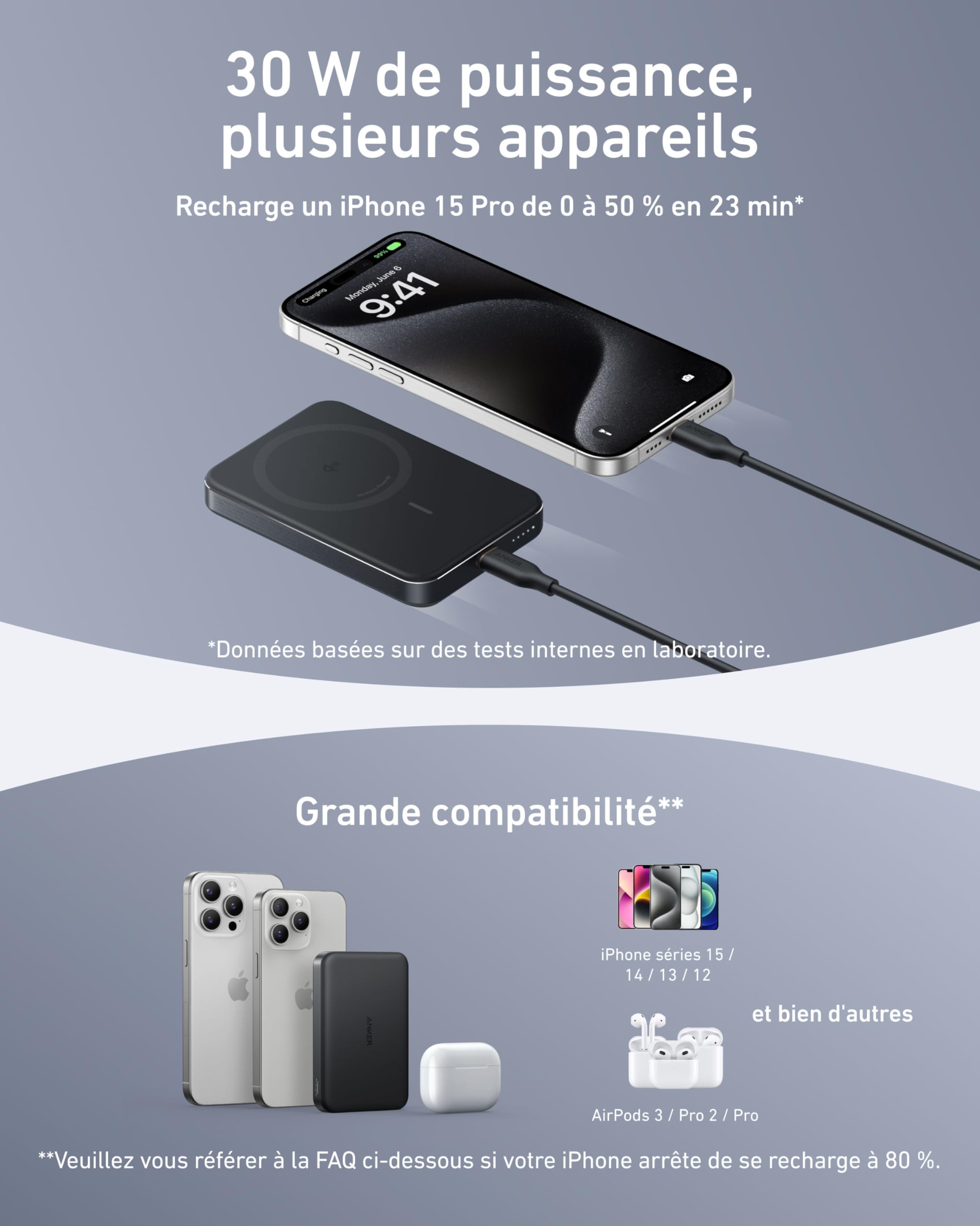Anker MagGo Batterie Externe Magsafe Certifiée Qi2 15W Magnétique Ultra-Fine 10000 mAh, Chargeur Compatible MagSafe Ultra Rapide, Design Ergonomique, Uniquement pour iPhone 17 Pro Max 16/15/14
