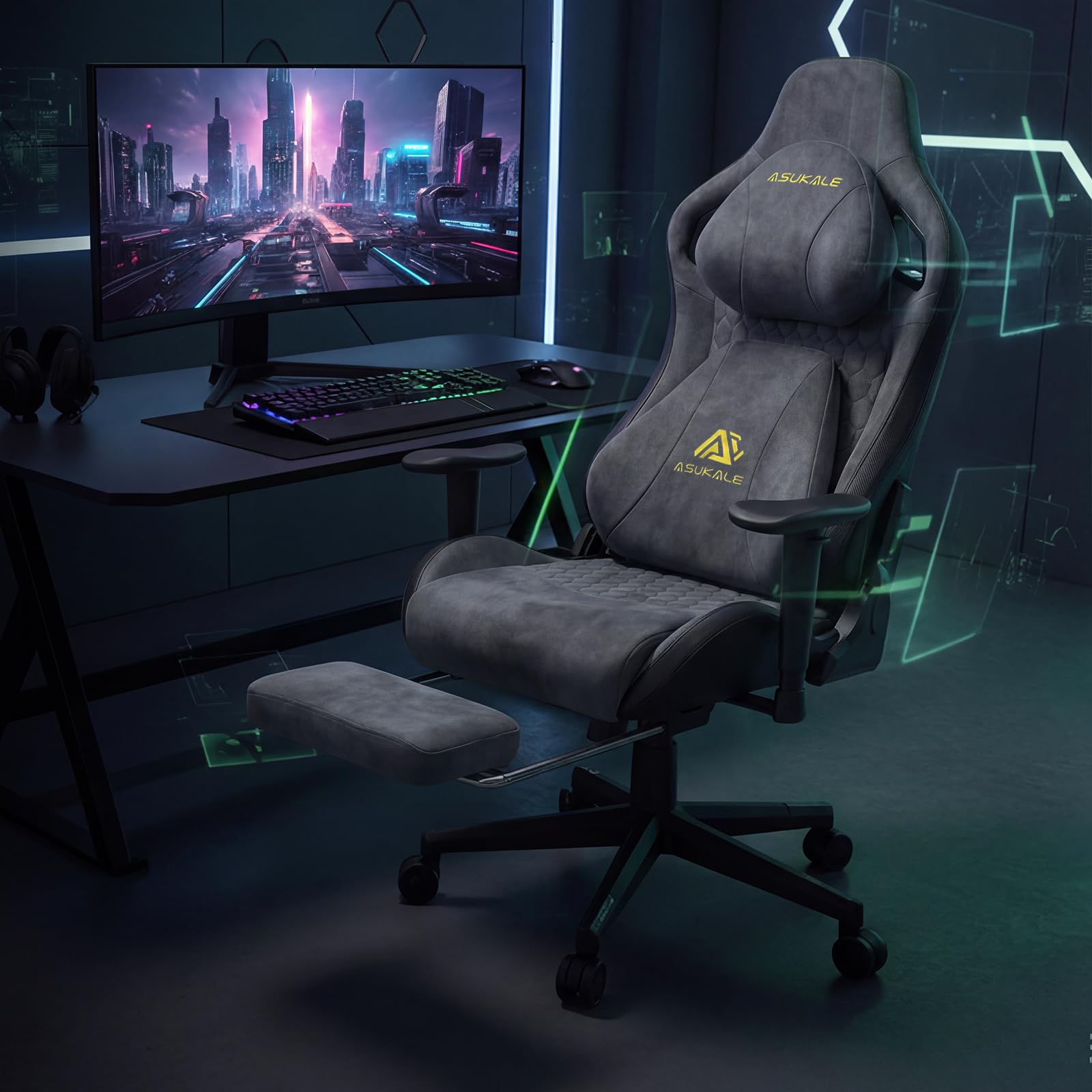 Gaming Stuhl | Ergonomischer Bürostuhl mit Fußstütze, Kopfstütze, 90-155° Rückenlehne, Wildlederimitat