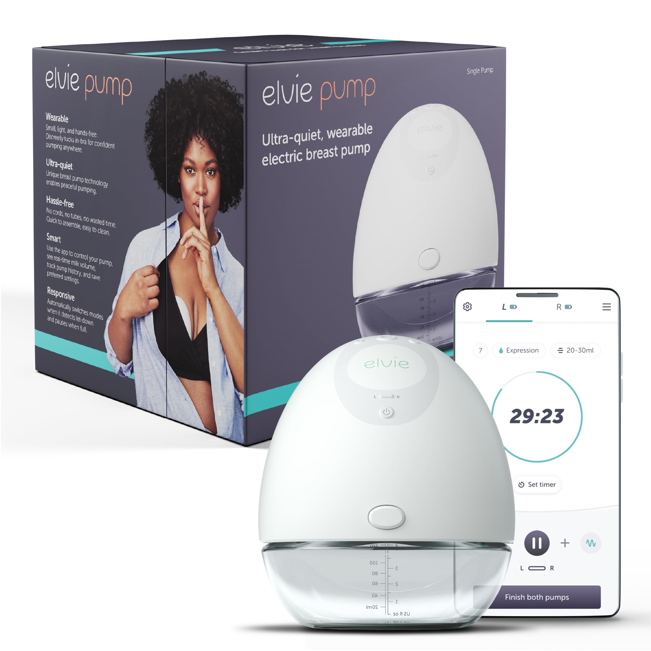 Single Breast Pump (21mm/24mm Nipple Shields), Silent Electric Breastfeeding Pump, Hands-Free in-Bra Design, Smart App Control, Ultra-Discreet, Tubeless & Cordless, BPA-Free