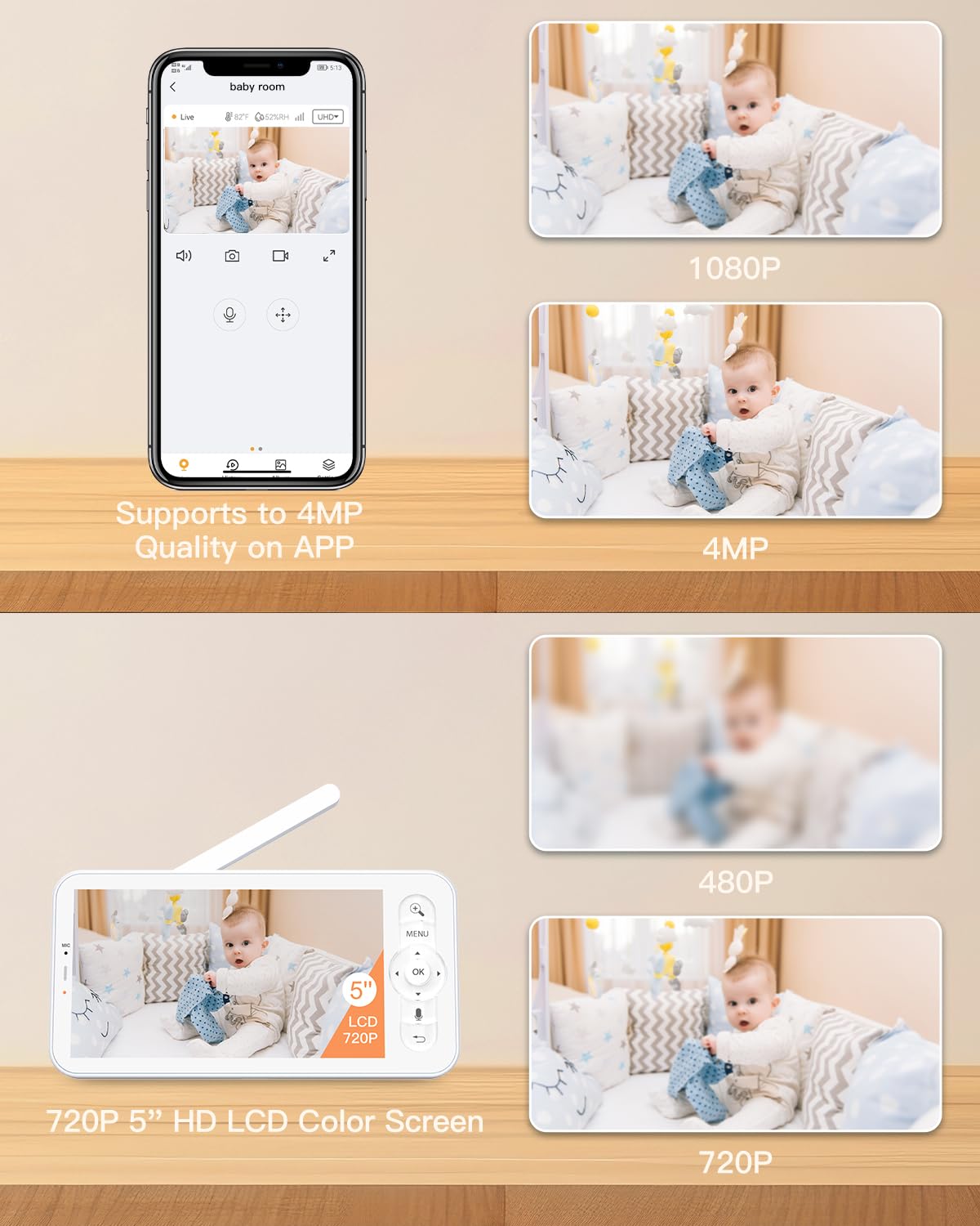 ARENTI 2.5K Smart Wifi Baby Monitor with Camera and App,Night Vision,5G&2.4Ghz Dual Brand,5'' Split Display,Pan Tilt,3350mAh Battery,2-Way Talk,6-Color Night Light,Long Range,Remote Control - Image 2