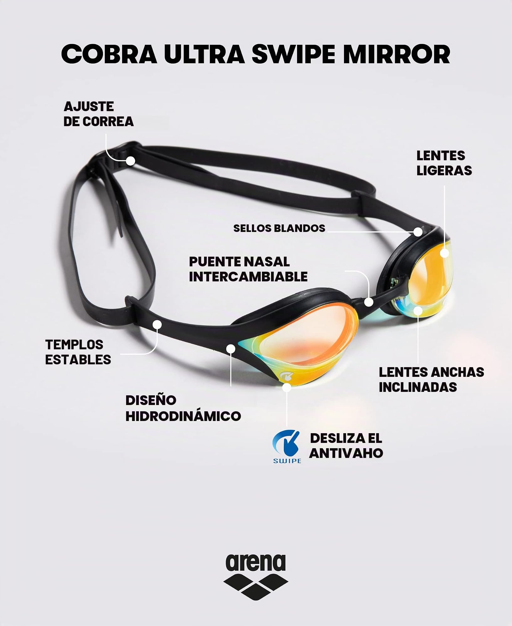 ARENA Gafas Cobra Ultra Swipe Mirror Natación, Unisex niños, Yellow Copper, Talla Única & Estuche Goggle Case Accesorios Para Gafas De Natación, Unisex adulto, All Black, Única