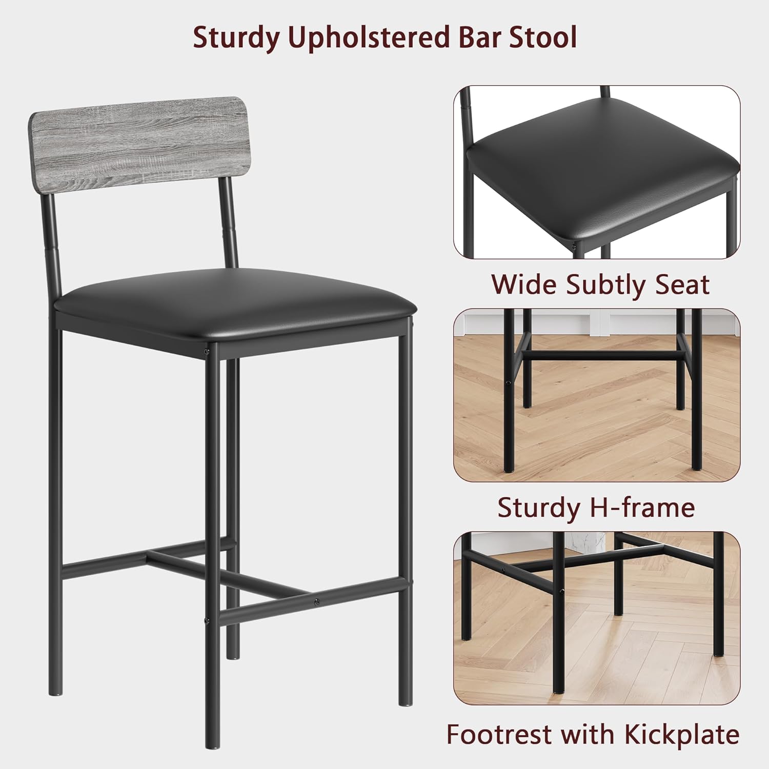 IDEALHOUSE Bar Stools Set of 2, Kitchen Bar Stools with Footrest, 25.5 Inches Upholstered Bar Chairs with Back, Counter Height Barstools for Counter Bar, Island, Easy Assembly, Rustic Gray