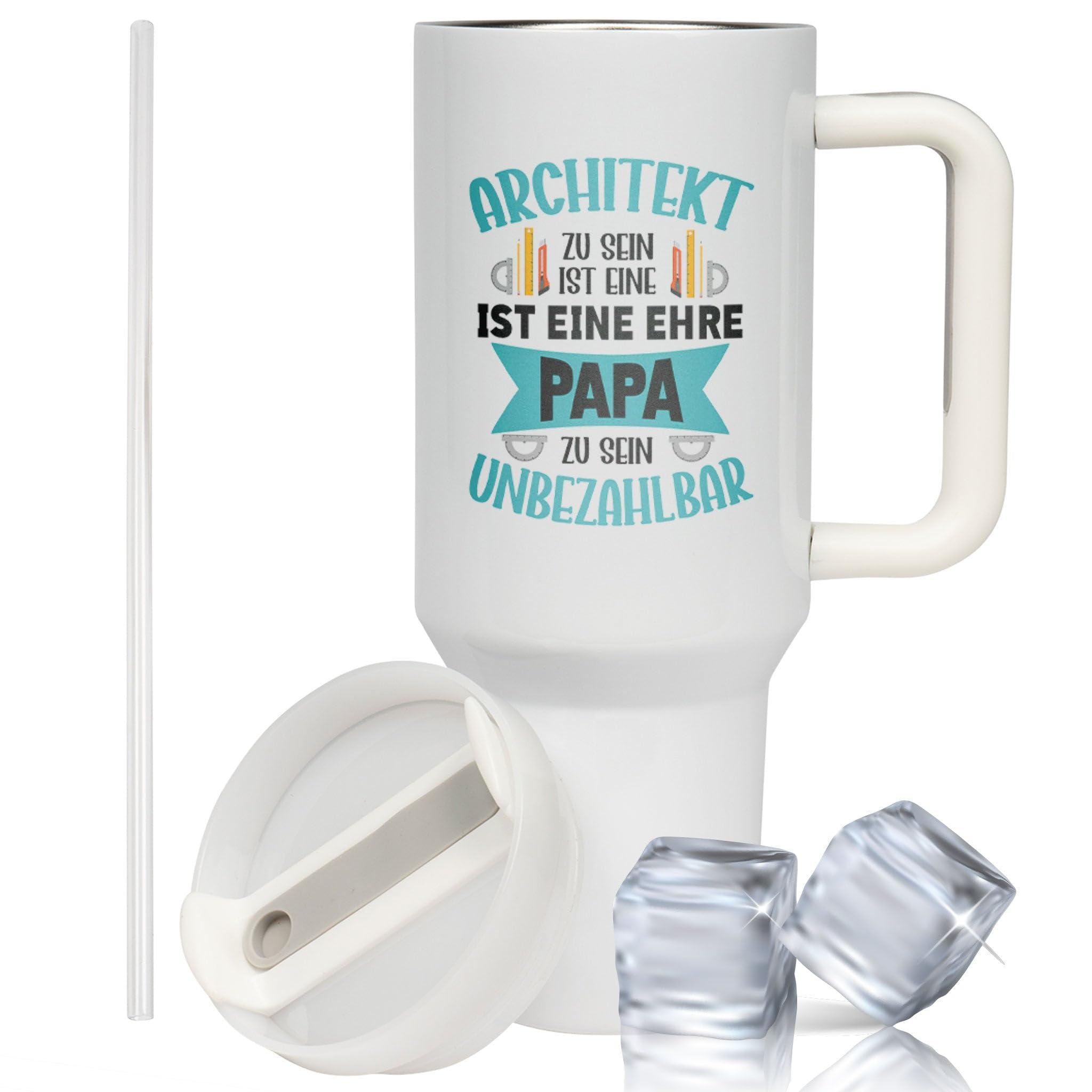XXL Thermobecher für Papa & Architekten – Geschenk zum Vatertag & Geburtstag – Edelstahl Trinkflasche, Weiß mit Architekt Papa Spruch (WIEDERVERWENDBAR)