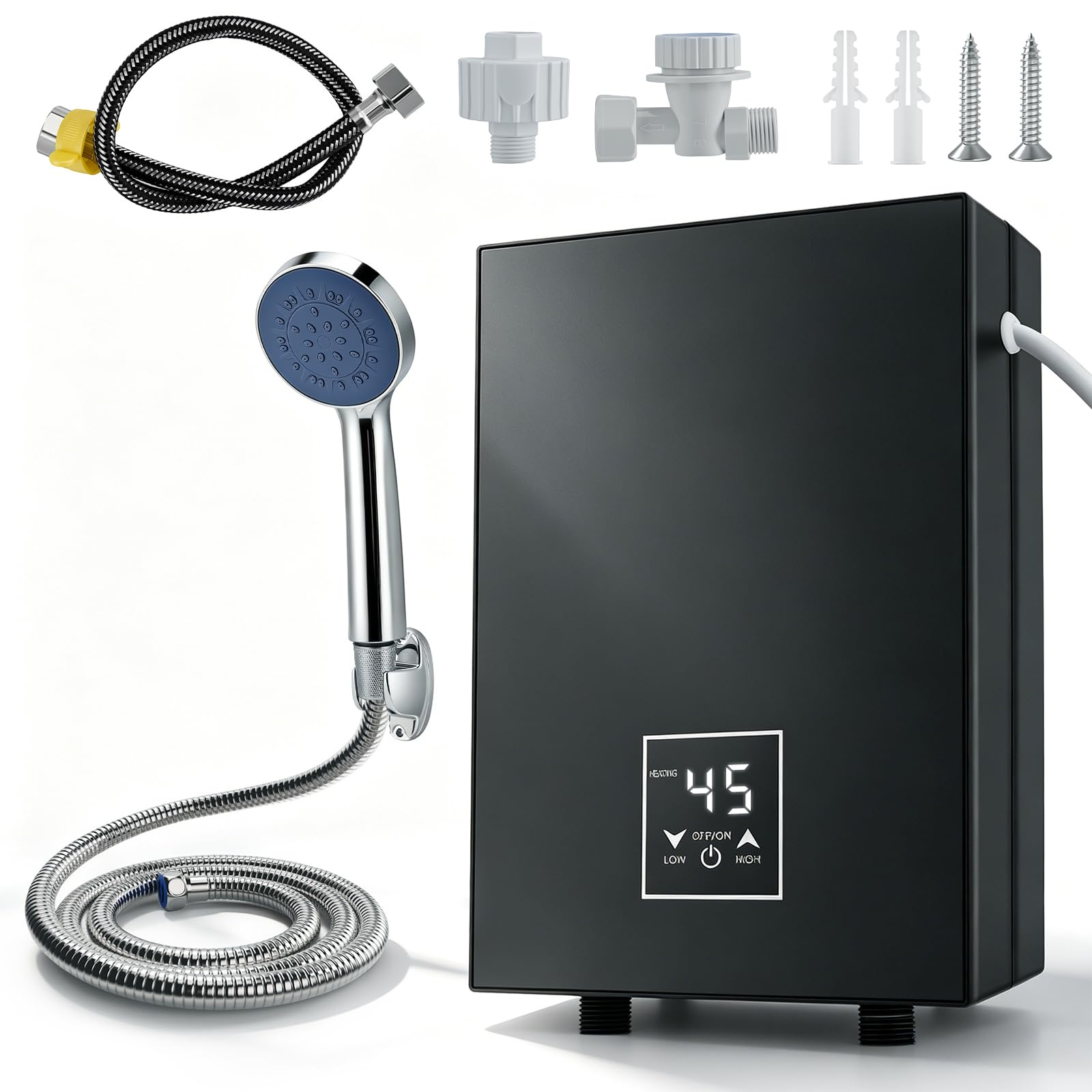 Mini chauffe-eau électrique 5500 W 220 V avec LED 30-55 °C et kit de douche, IPX4, chauffe-eau instantané compact pour douche, cuisine, camping-car (noir)