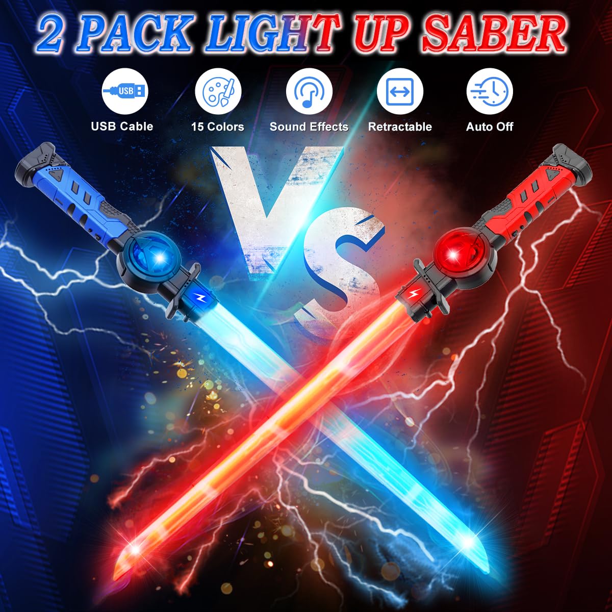 VATOS 2 Sables Luminosos Recargables para Niños, 15 Colores Variables con Efectos de Sonido de Combate, Juguete de Sable Luminoso LED Retráctil 2 en 1 para Cosplay, Fiestas en Samurai