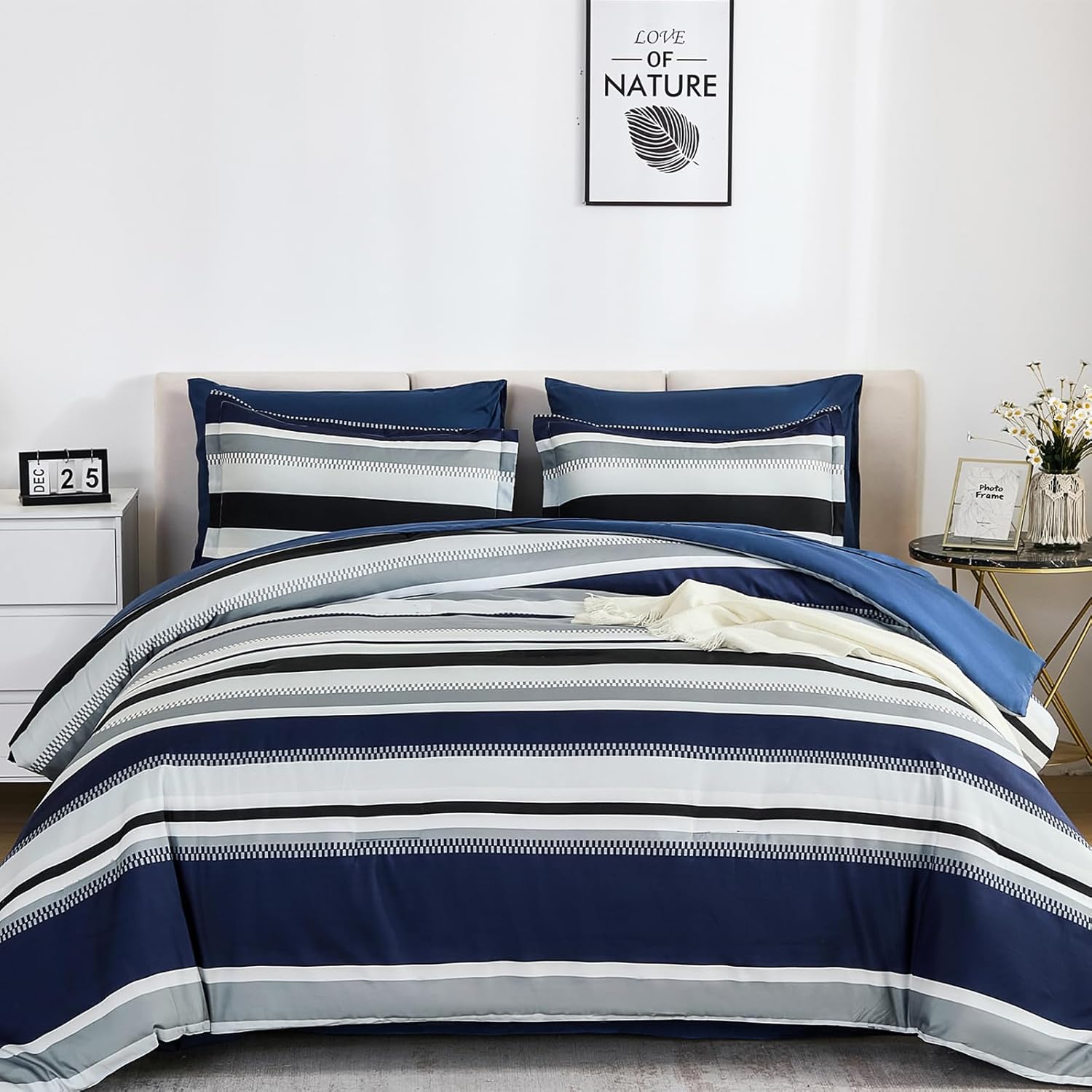WONGS BEDDING Comforter Full Size, Navy Blue Bedding Comforter Set for Full Bed, Striped Bed in a Bag Full Size Comforter Sets for All Season 90"×78" - Image 2