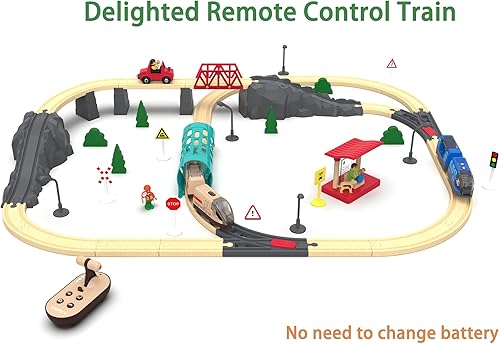 Miniatura 2 de Tren eléctrico para pista de madera, juguete de tren de control remoto, tren motorizado y túnel con efecto de voz y luces, juego de tren de