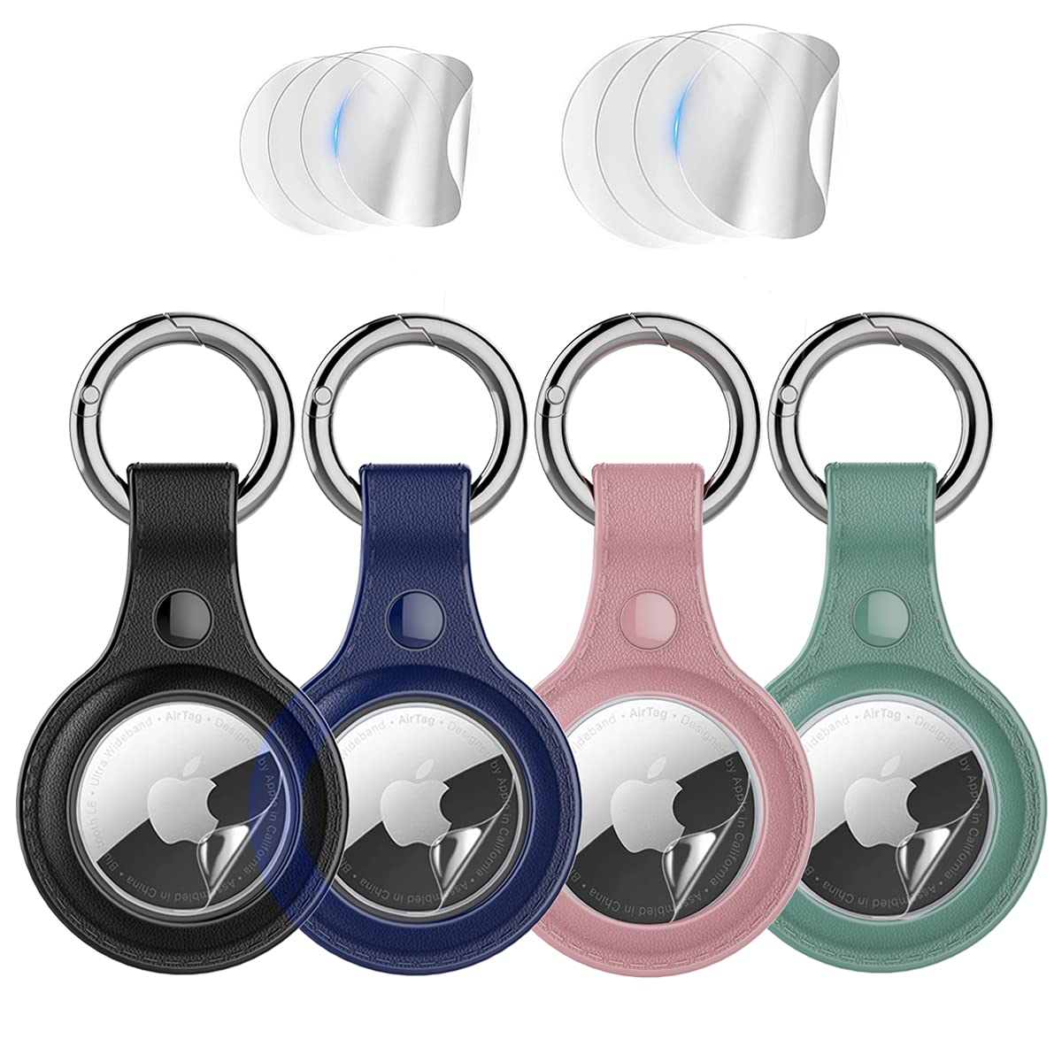 4Pack AirTag Leather Protective Case Cover,AirTags Holder with Keychain Ring Loop ,Compatible for AirTag,with Anti-Scratch HD Protective Film 4pairs(Blue+Black+Pink+Green)