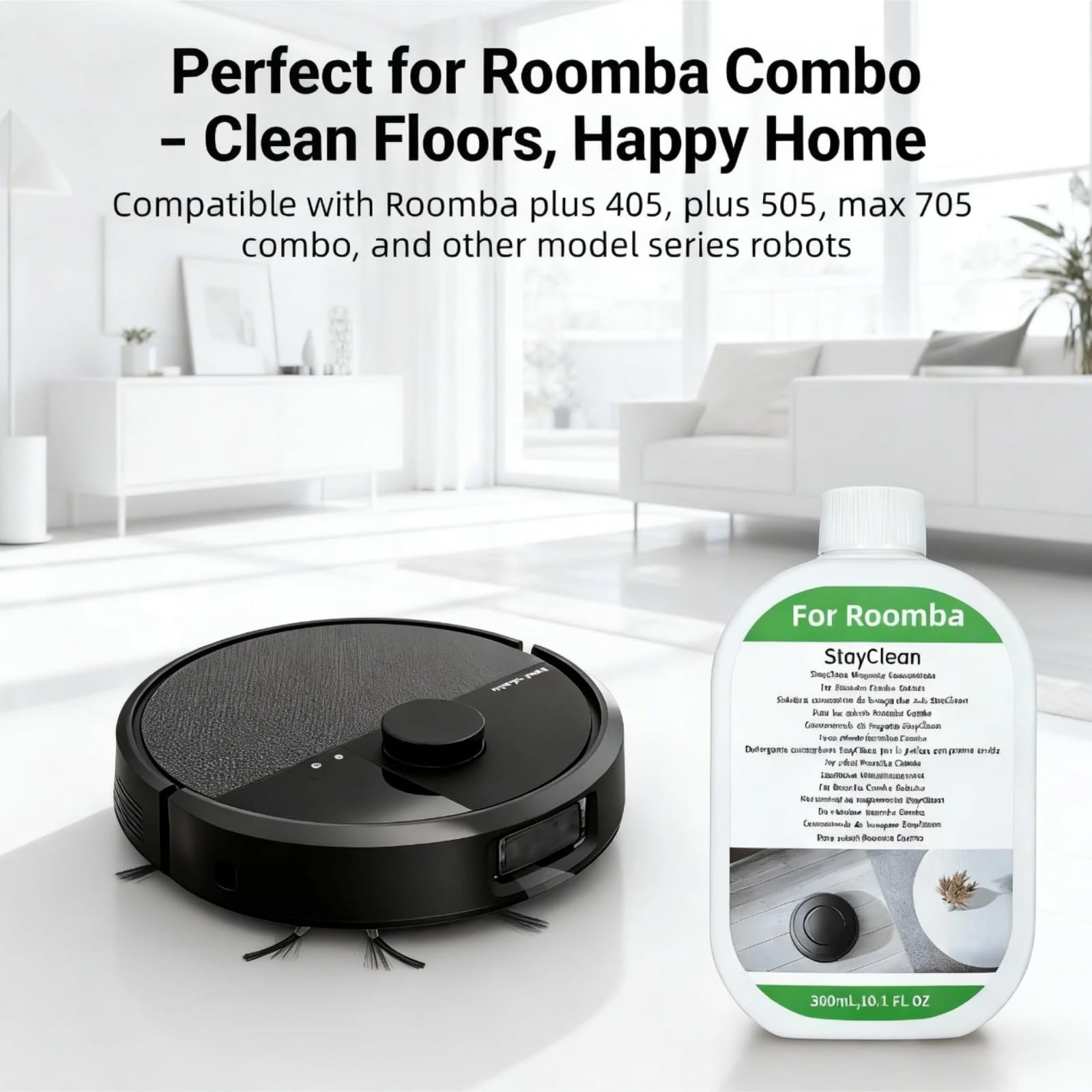 Compatibile con Roomba Plus 405 505 Max 705 Robot di pulizia detergente liquido for pavimenti, 300 ml, formula a bassa schiuma, profonda, profumo fresco, aspirapolvere robot