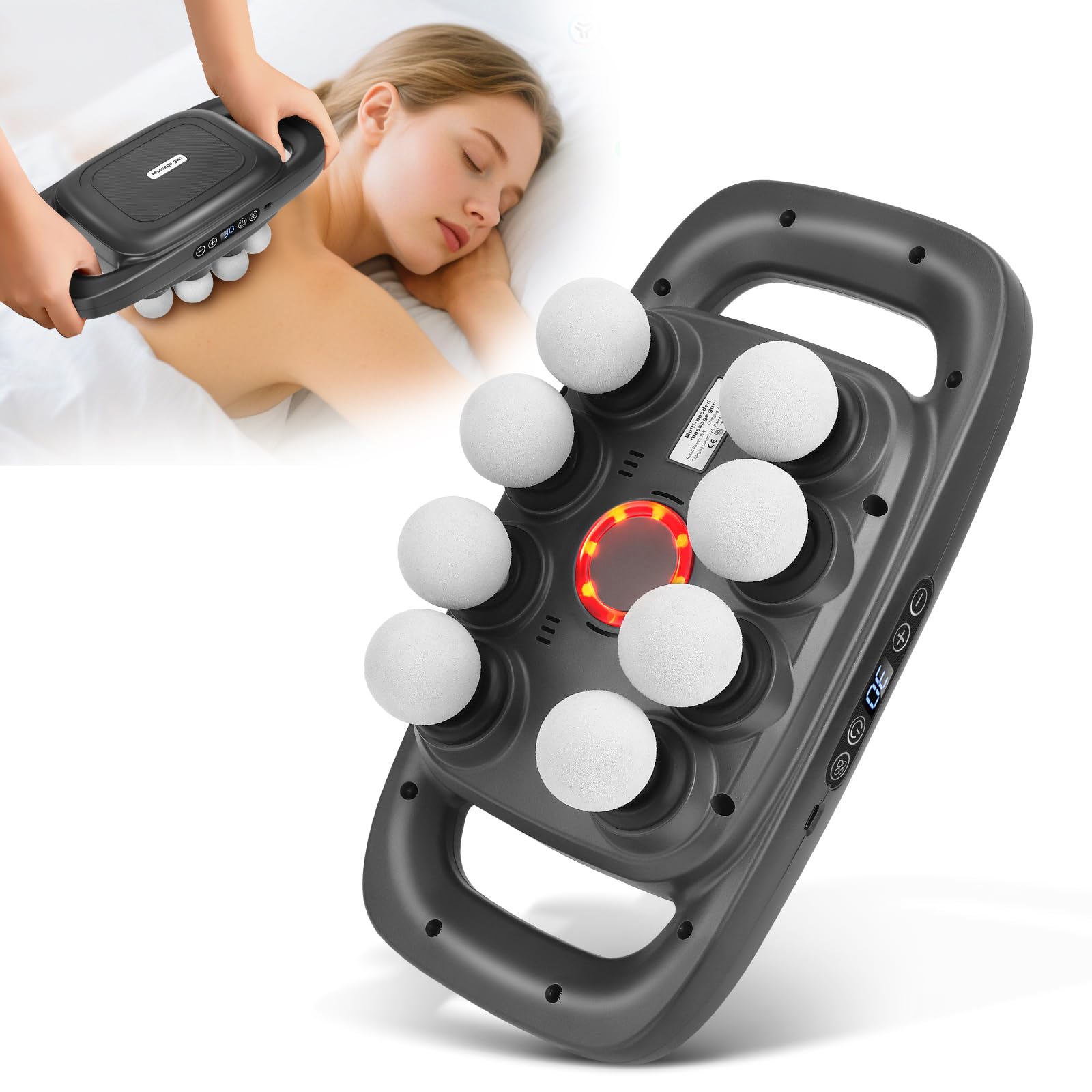 Pistolet de massage 8 Têtes, Appareil de Massage 30 Vitesses Ajustables et 3 Modes de Massage, Pistolet Massant Electrique avec Lumière Rouge pour Dos, Nuque, Jambes, Cuisses, Epaules et Pieds (2)
