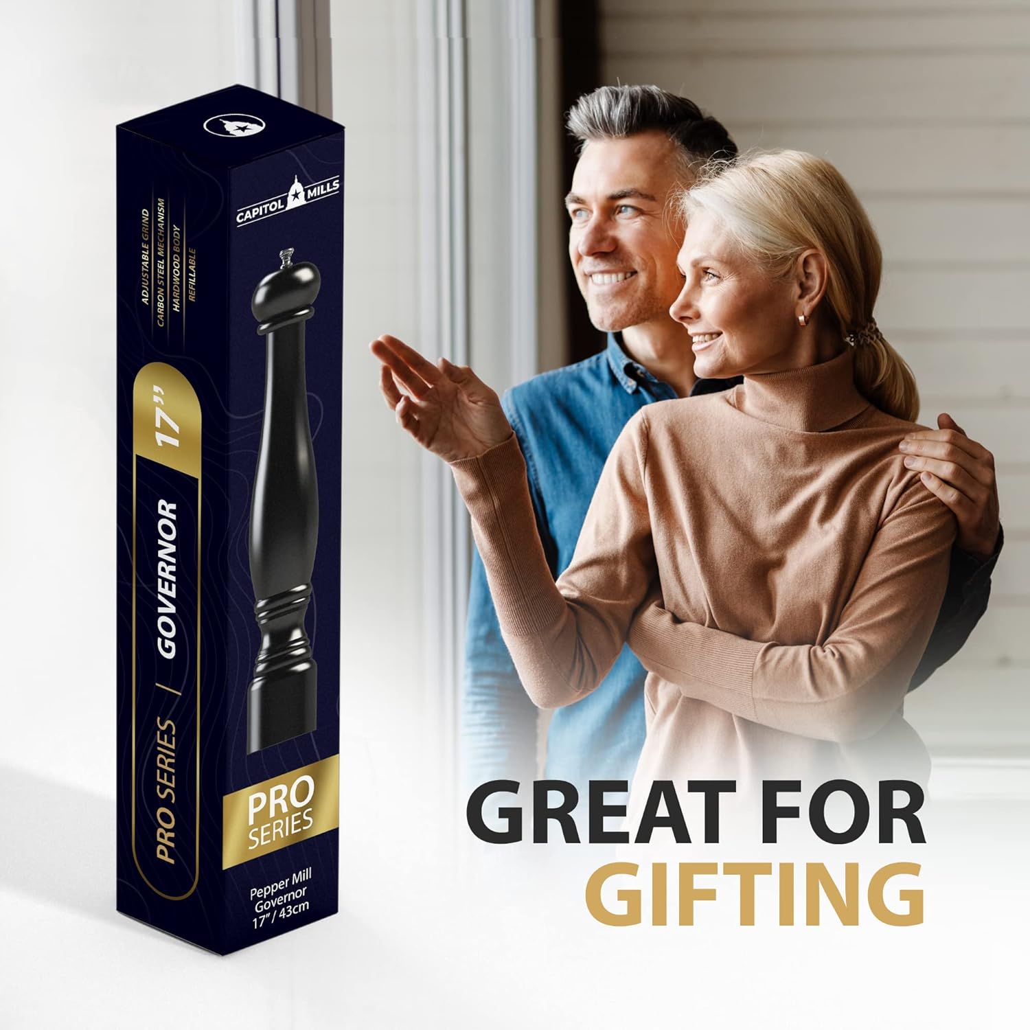 17 inch Large Pepper Mill - Refillable - Adjustable Grind - Precision Carbon Steel Mechanism