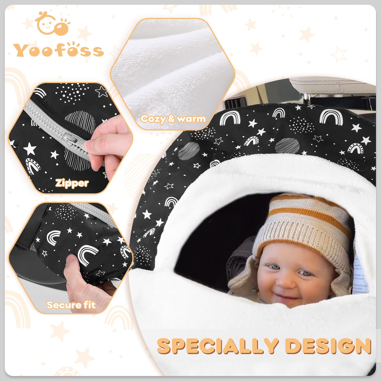 Yoofoss Housse de siège auto pour bébé - Housse d'hiver pour protéger bébé du vent froid - Housse de porte-bébé en polaire super chaude pour bébé garçons filles étoiles