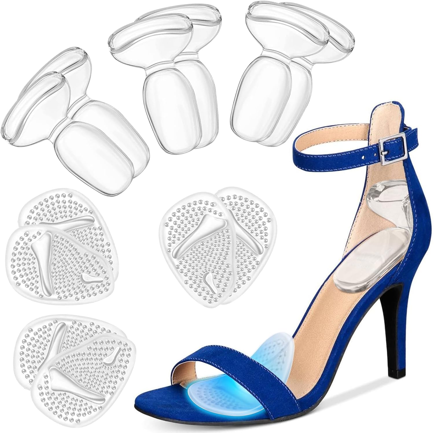 ONUEMP Heel Cushion Inserts and Metatarsal Pads for Women, 3 Pairs Heel Grips and 3 Pairs Ball of Foot Cushions, Silicone Shoe Pads Insoles for High Heels, Blister Prevention for Too Big Shoes Clear