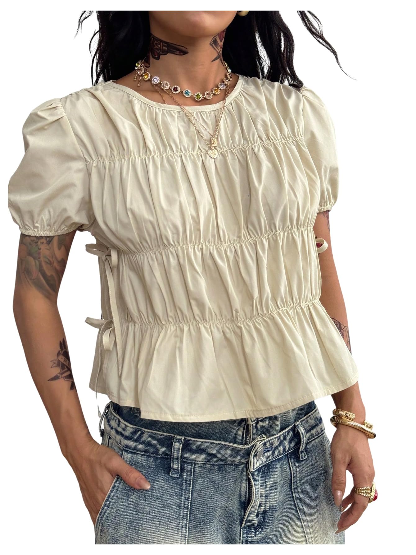 Floerns Women's Y2k Puff Sleeve Blouse Tie Side Ruffle Hem Concert Outfit Shirts