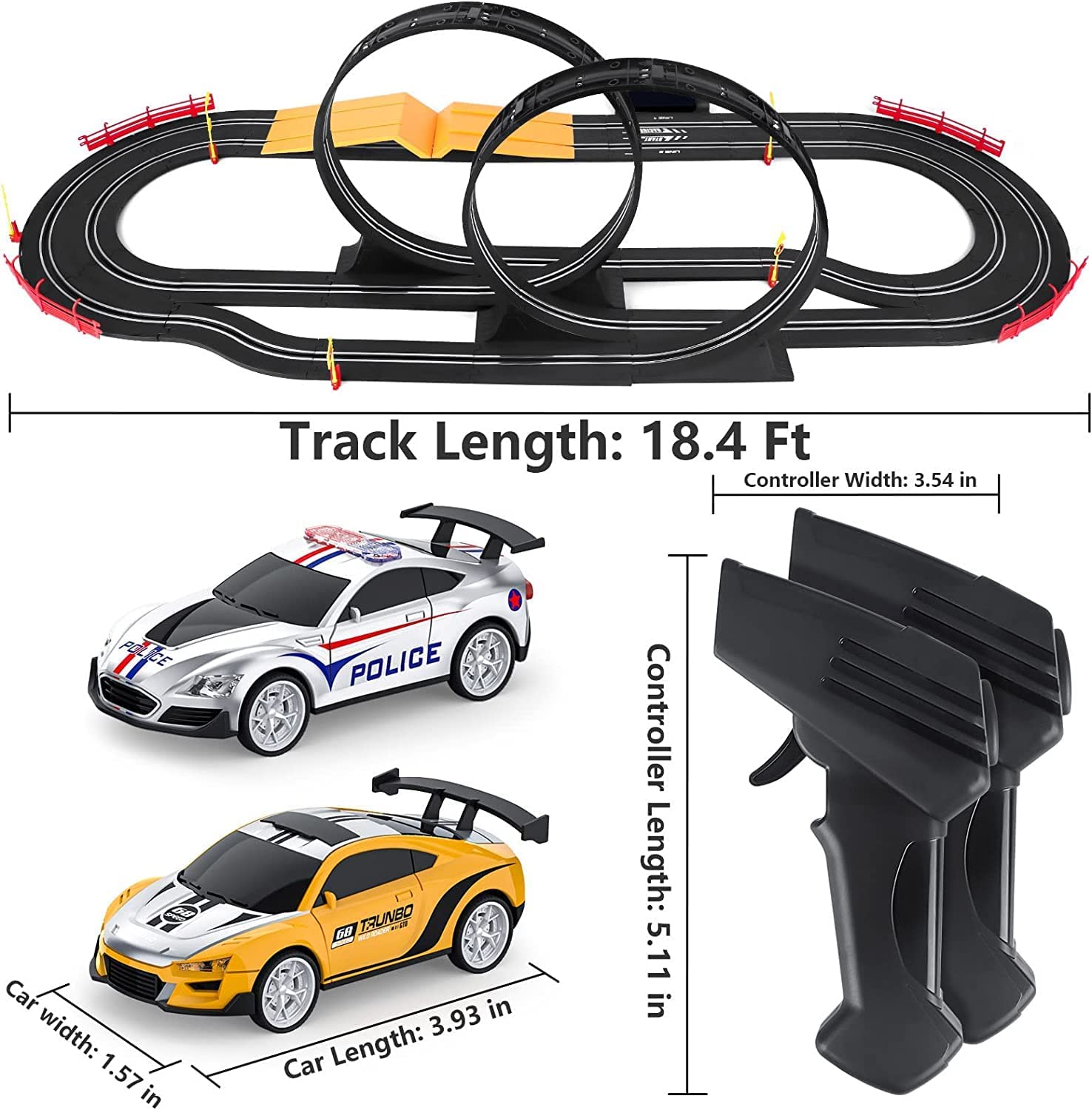 EXOMOON Slot Car Race Track Sets for Boys Kids High-Speed Battery or Electric Race Car Track with 2 Cars, Dual Racing Game 2 Controllers Lap Counter Circular Overpass Track 4
