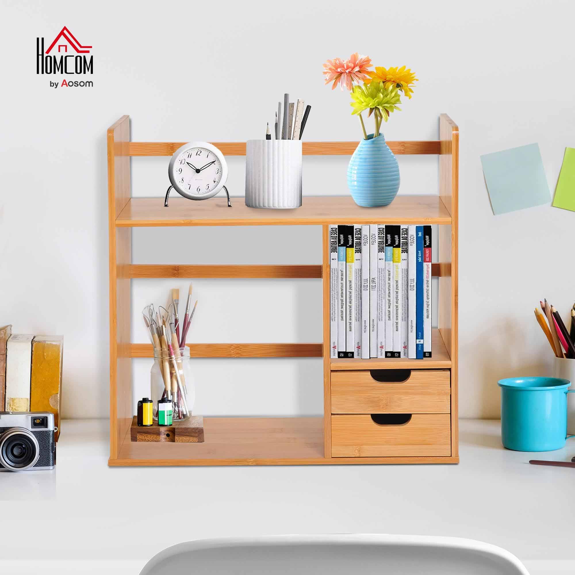 HOMCOM Organiseur de bureau avec tiroirs Bibliothèque multifonctionnel Étagère de Rangement pour Maison École Bureau en Bambou Naturel