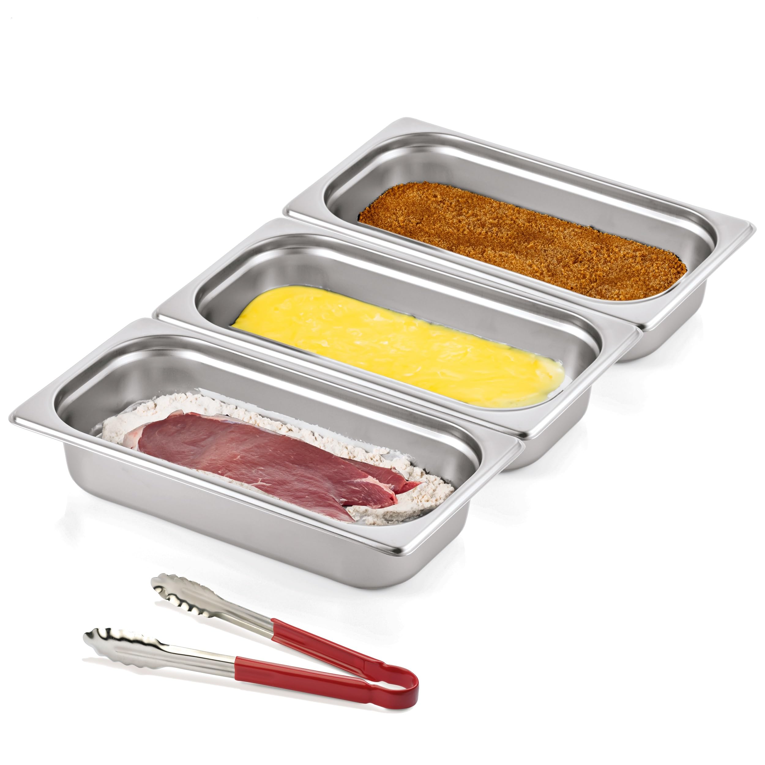 Morleos 3x Panierschalen + Rote Zange | GN 1/3 Edelstahl Metall Schalen je 32,5 x 17,6 x 6,5 cm | Volumen: 7,5 Liter | Panieren & Marinieren Fleisch, Schnitzel | 0,7 mm dick