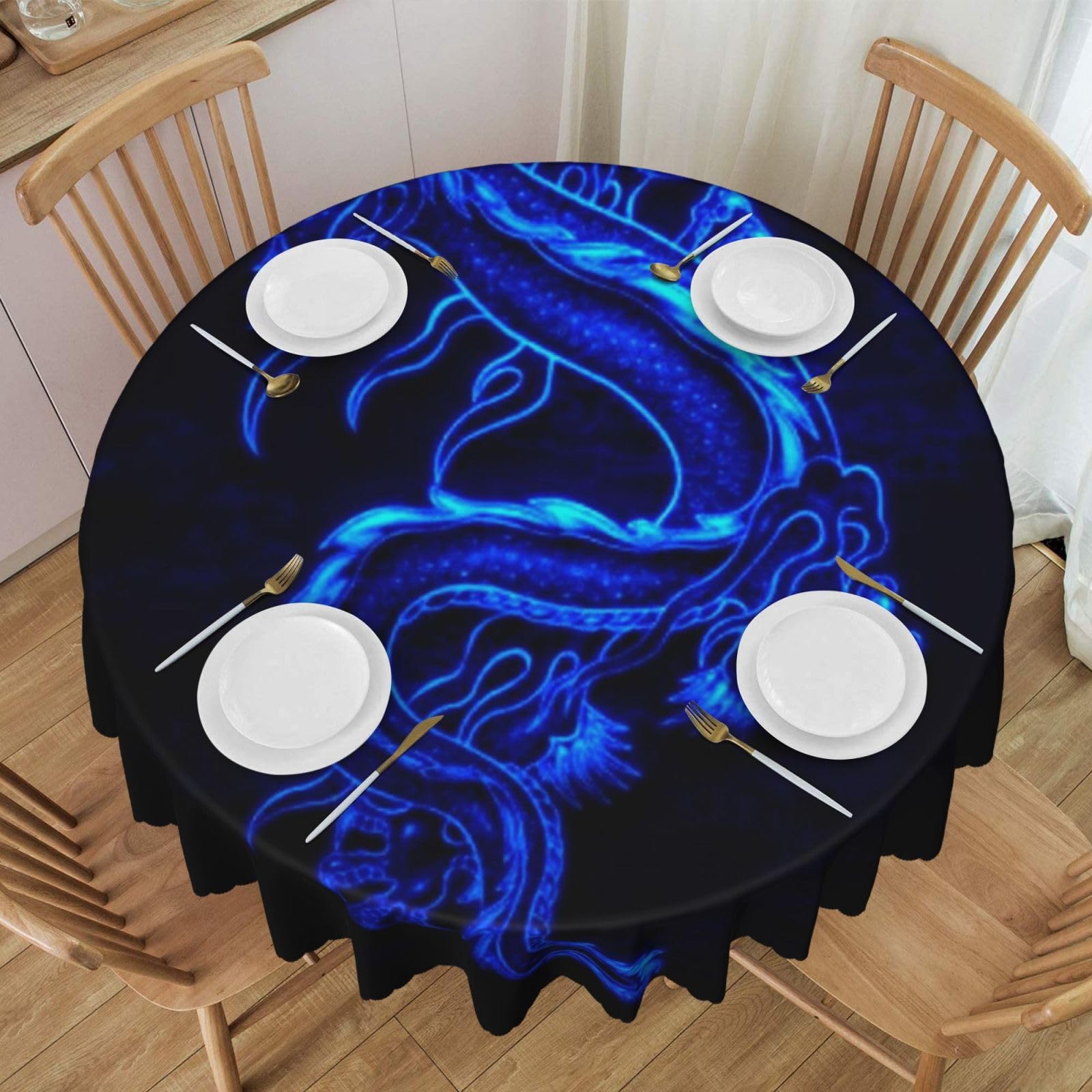 DCEHGEW 60 In Round Tablecloth with Lace, blue chinese dragon Printed Oilproof & Washable Fabric Picnic Table Cloth Table Covers