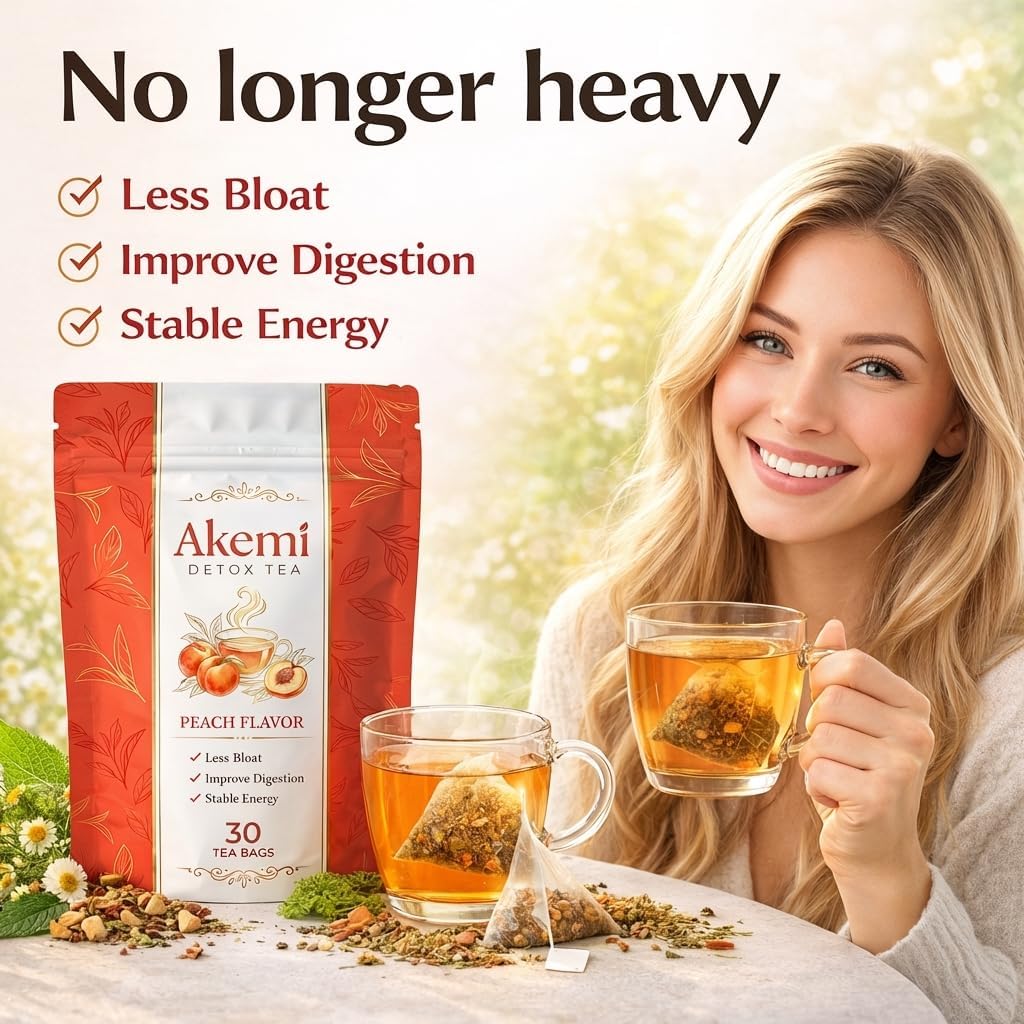 Akemi Detox Tea, Liver & kidney Detox Tea With Dandelion herbal Tea Goji Berries Ginseng Milk Thistle, Yerba Mate, Oolong, stevia leaf, Peach Flavor 30Bags