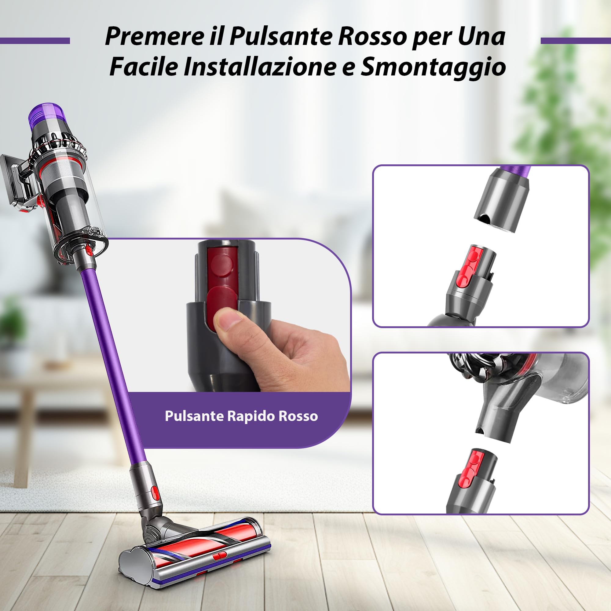 Tubo di Prolunga compatibile con Dyson V7 V8 V10 V11 V15, Tubo Telescopico Rigido, Asta di Estensione con Spazzole 2 in 1, Accessorio Aspirapolvere, Viola