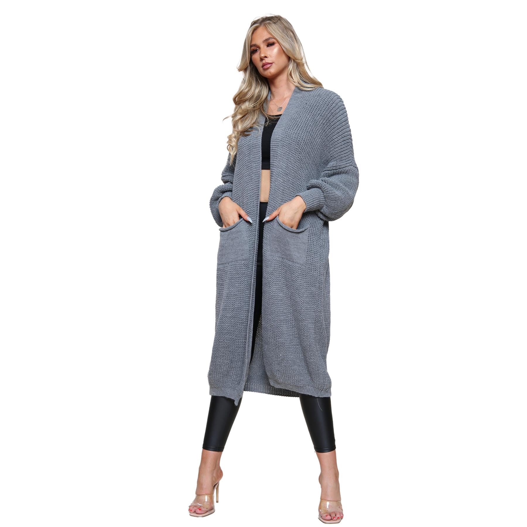 Hamishkane® Womens Chunky Knitted Cardigan, Open Front Balloon Sleeve Long Cardigans for Women UK, Winter Maxi Coatigan with Pockets, Warm Oversized Fall Sweater Charcoal