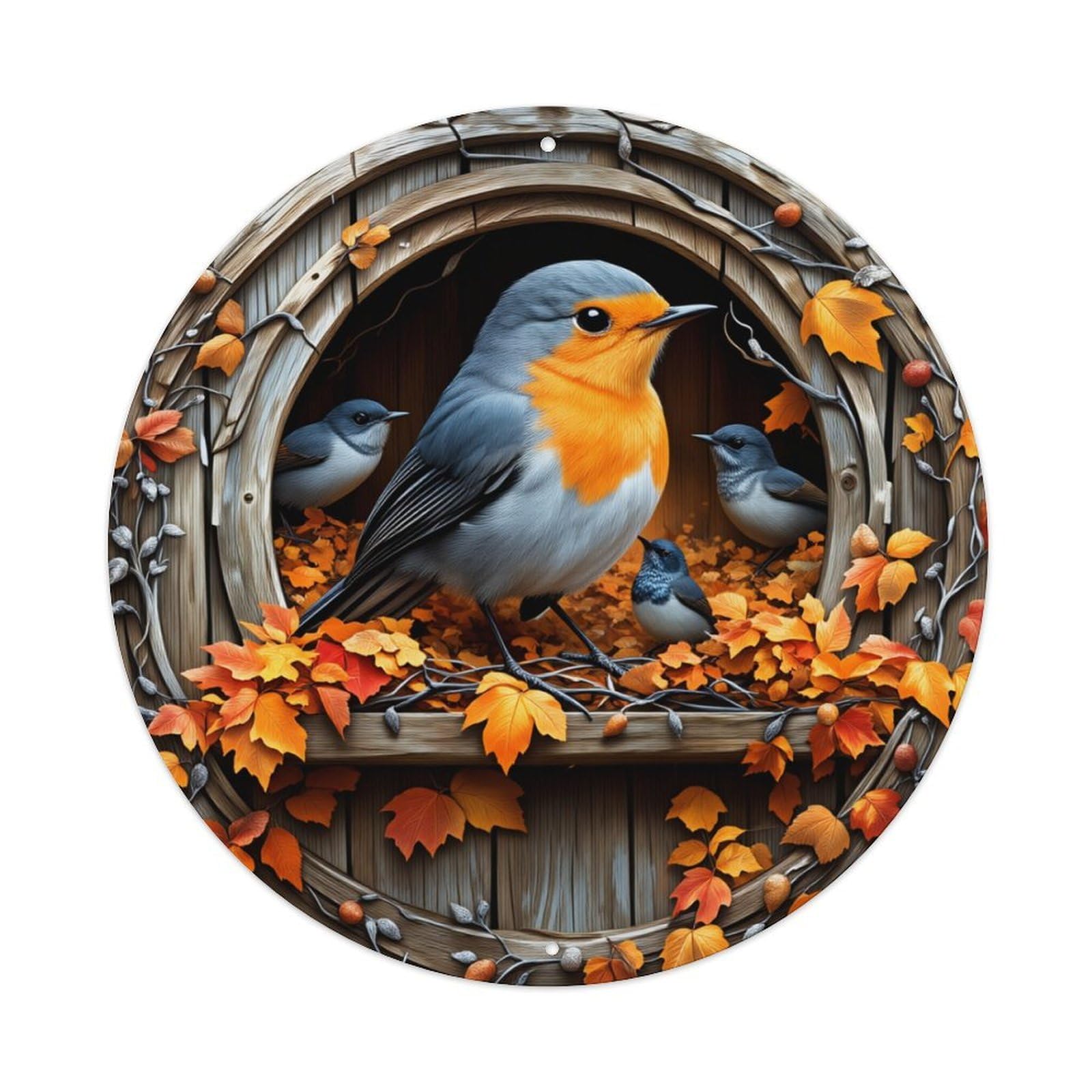 Autumn Birds Nest Wood Leaves Round Tin Sign Retro Metal Sign for Cafe Bar Pub Home Game Room Gym Club Wall Decoration Vintage Metal Poster 8x8 Inch