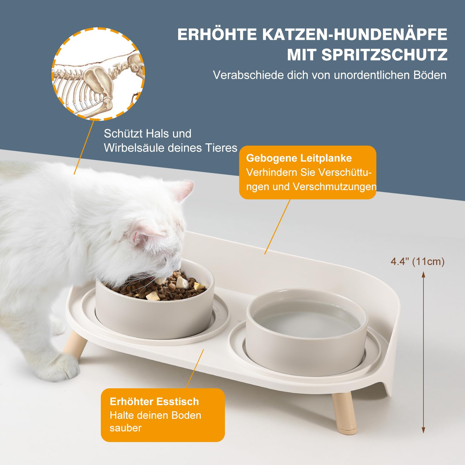 Katzennapf Keramik erhöht mit Ständer, Doppelnapf rutschfest mit Spritzschutz, Futter- und Wasserschalen für Katze, Welpen und kleine Hunde, komfortable Fresshöhe, leicht zu reinigen, 2 x 320 ml Grau