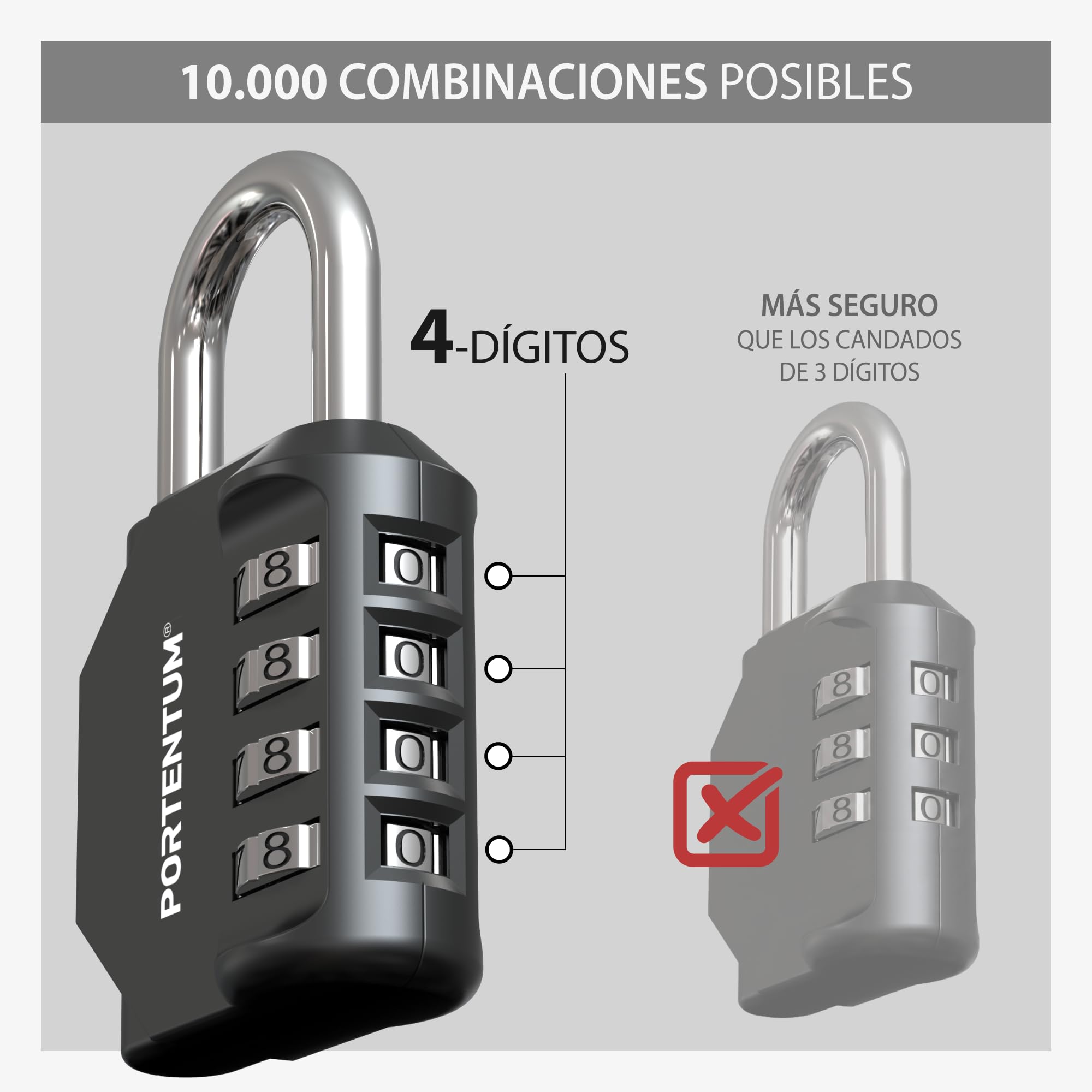 PORTENTUM Candado combinacion 4 dígitos reajustable – Caja de 20 candados en 10 packs de 2 – Candado taquilla gimnasio con arco de acero – Candado exterior negro para armarios vallas y trasteros