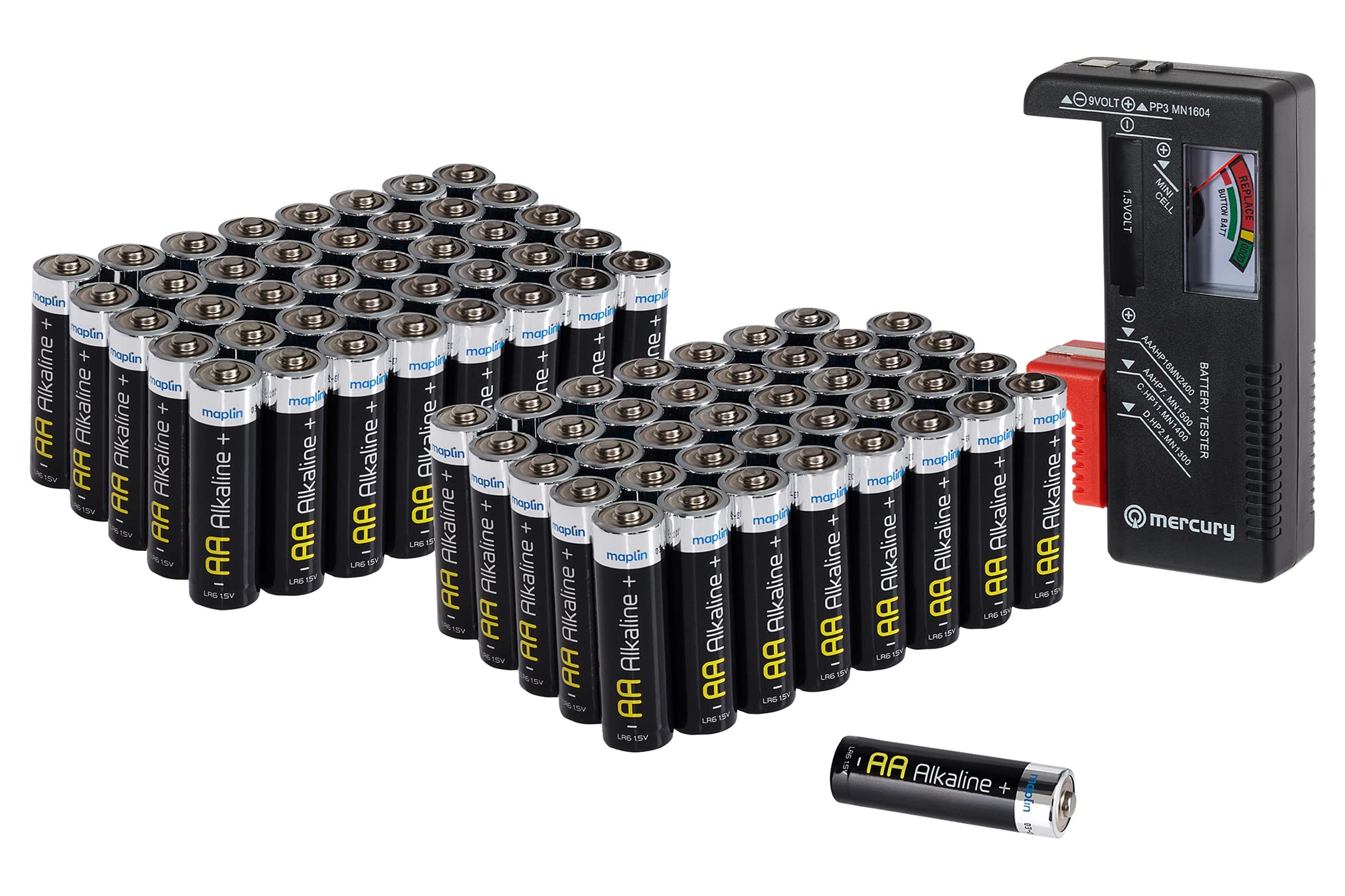Maplin 80x AA LR6 1.5V Alkaline Batteries 10 Year Shelf Life High Performance with Universal Battery Tester