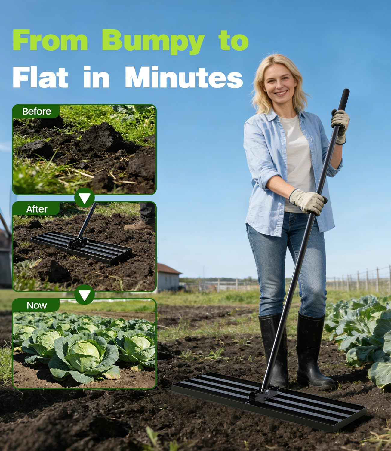 Lawn Leveling Rake 2-in-1 Rasenbelüfter & Sandstreuer mit schmaler Kante | Rostfrei durch Pulverbeschichtung |204x 76x 25cm | Ideal für Garten, Golfplatz und Landschaftsbau