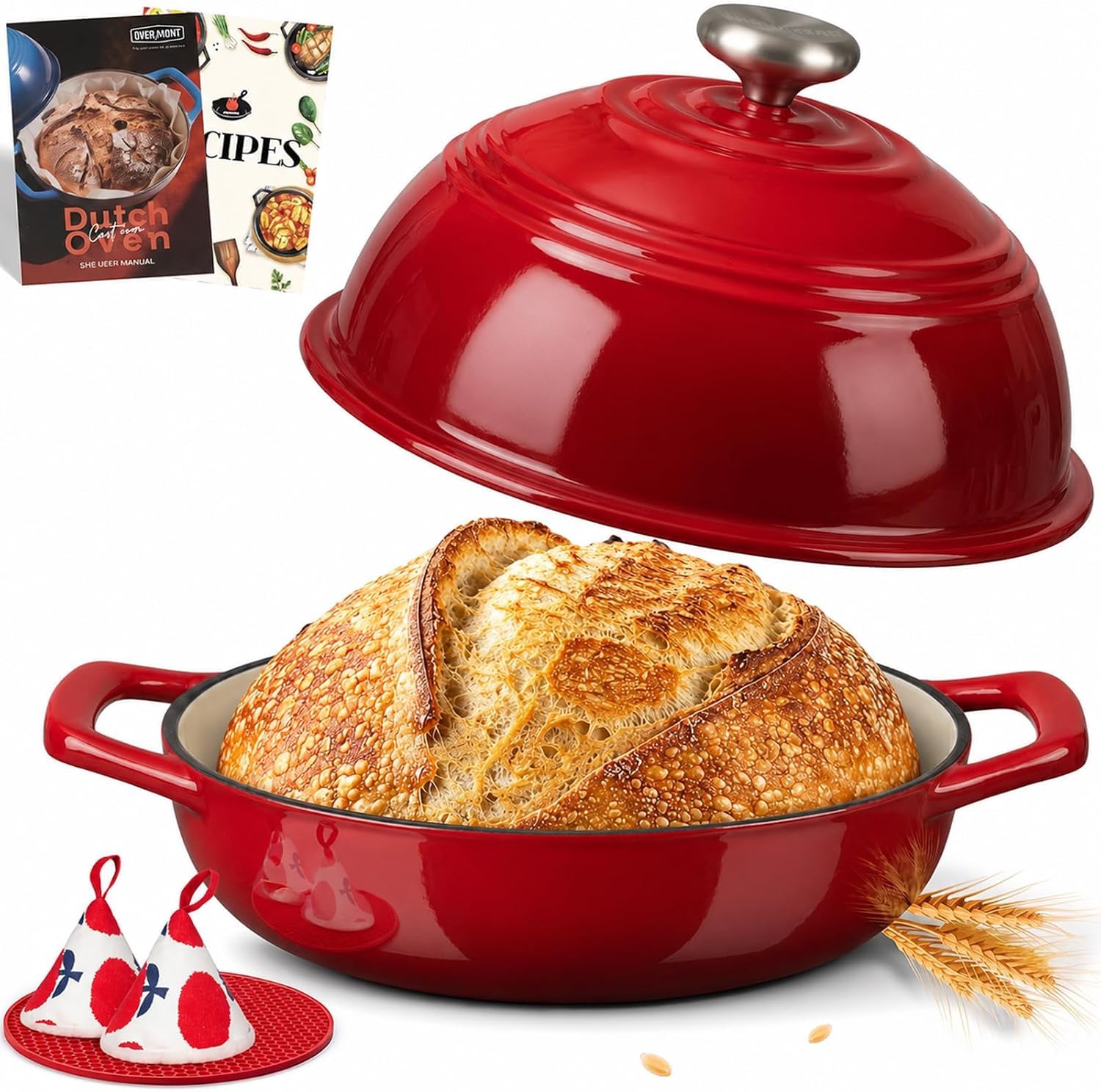 Overmont 6QT Enamelled Cast Iron Sourdough Bread Oven with Dome Lid